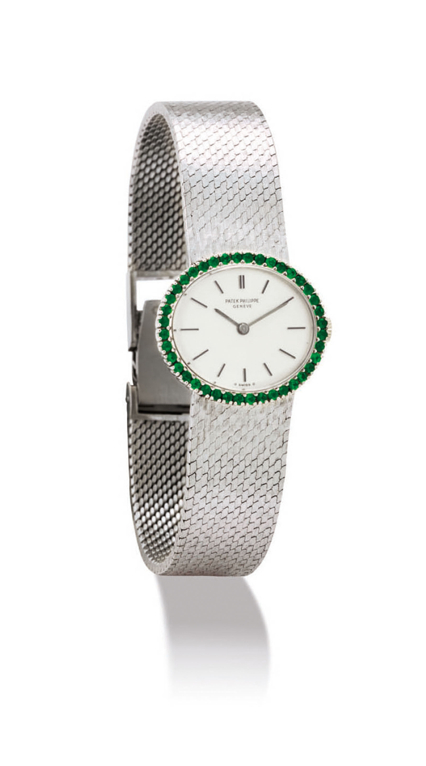 Patek Philippe A Lady S 18k White Gold And Emerald Set Oval Bracelet Watch Signed Patek Philippe Geneve Ref 4175 1 Movement No 1 271 756 Case No 2 749 970 Manufactured In 1975 1970s Manual Winding
