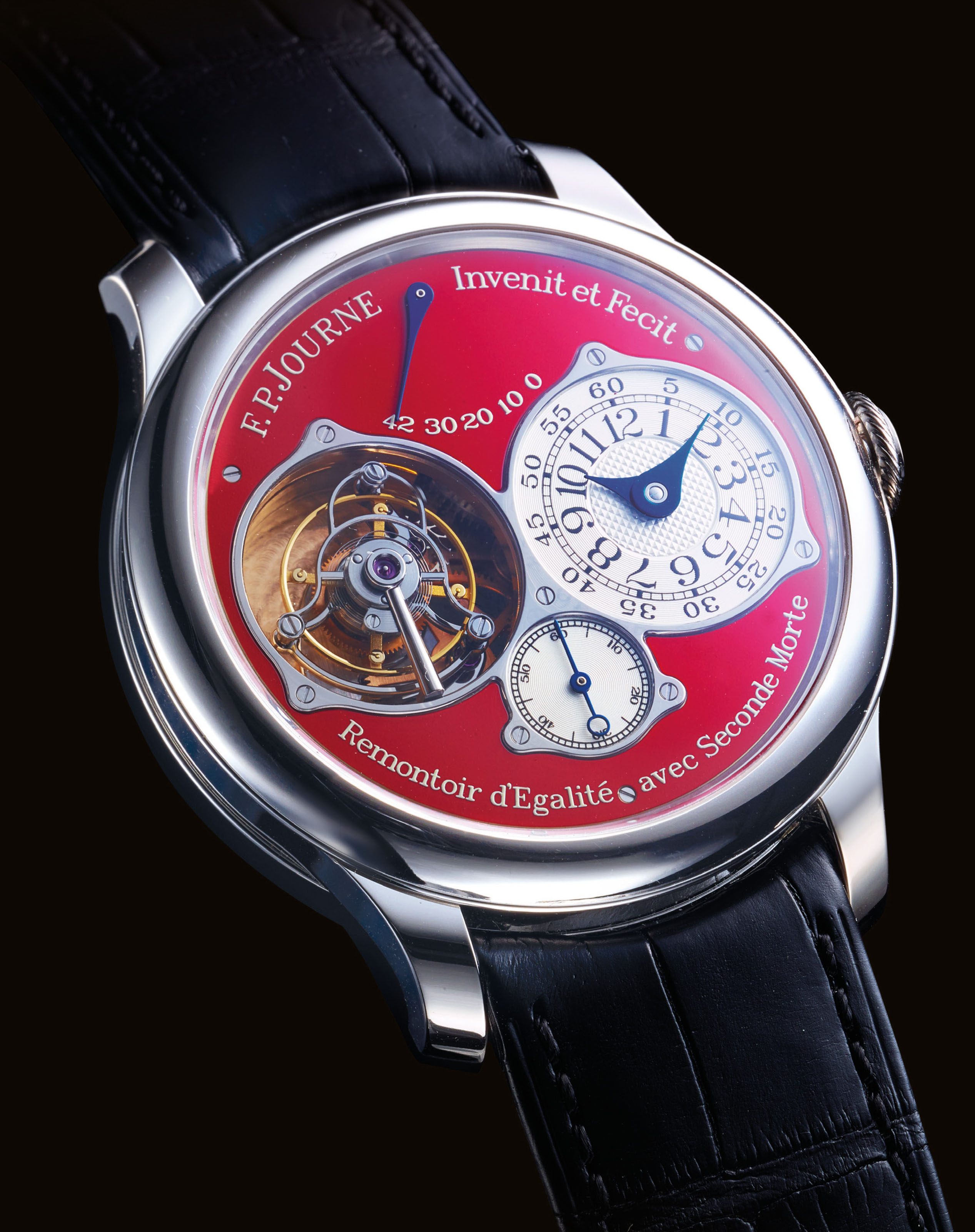 F.P. JOURNE. A FINE AND VERY RARE PLATINUM TOURBILLON WRISTWATCH WITH CONSTANT FORCE WINDING POWER RESERVE DEAD BEAT SECONDS AND RED DIAL SIGNED F.P. JOURNE INVENIT ET FECIT REMONTOIR D EGALITE AVEC S...