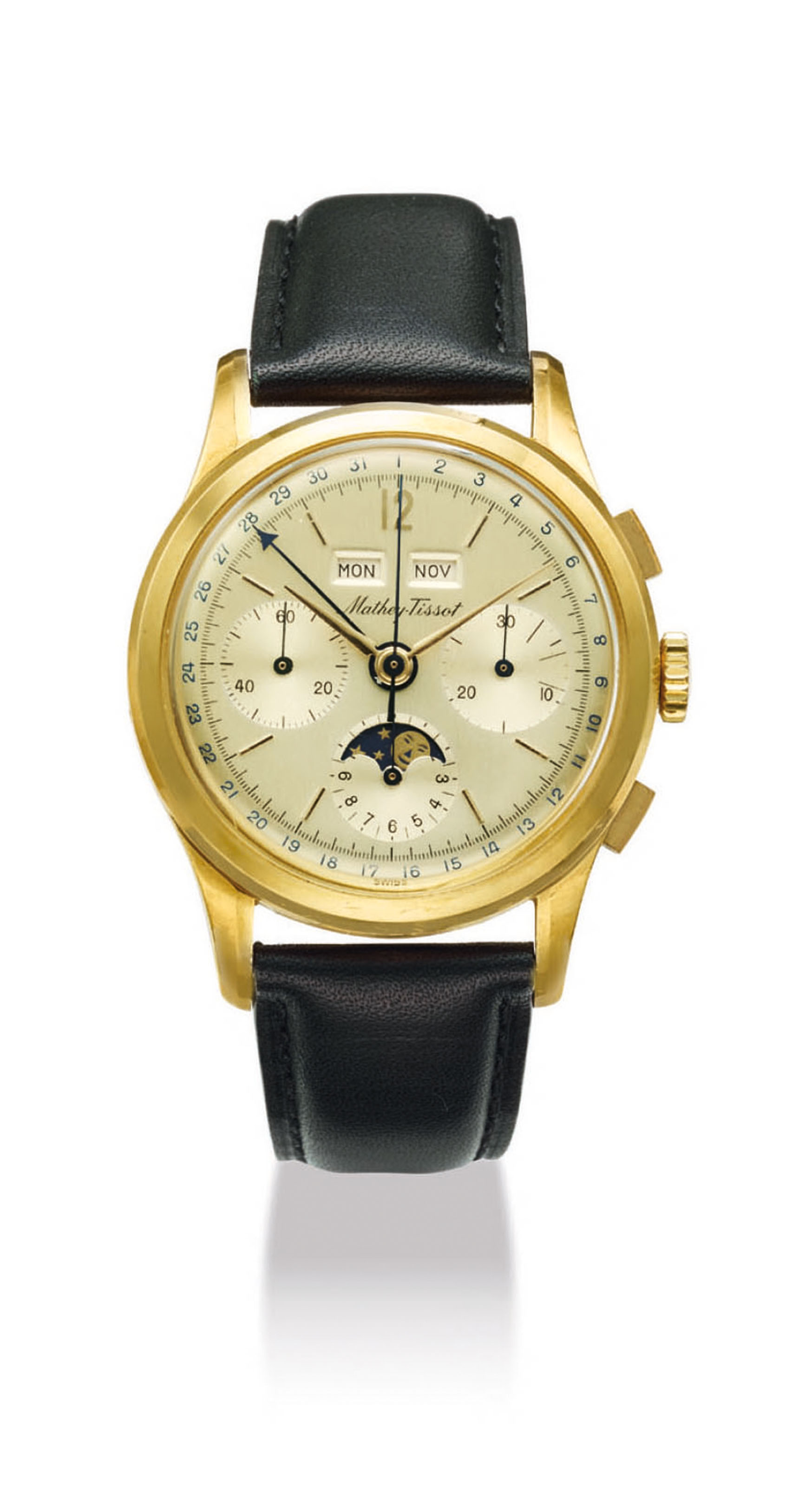 MATHEYTISSOT. AN 18K GOLD TRIPLE CALENDAR CHRONOGRAPH WRISTWATCH WITH