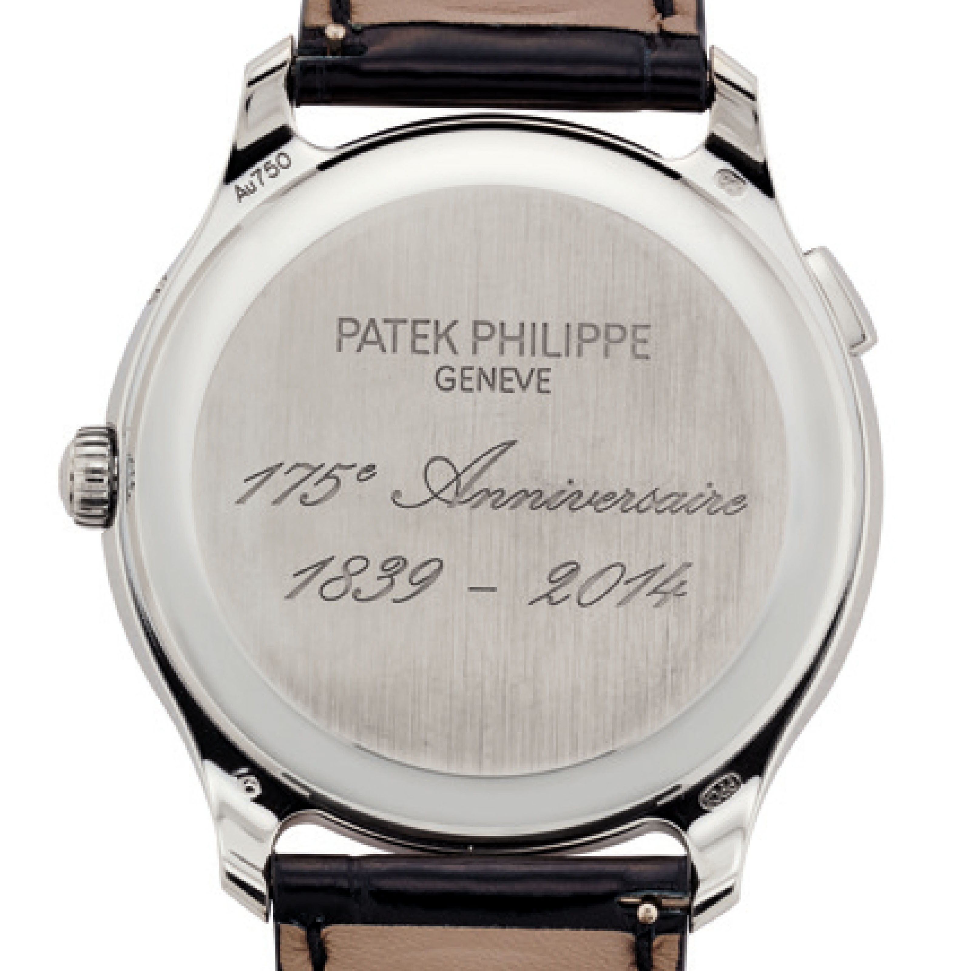 PATEK PHILIPPE. A FINE AND RARE 18K WHITE GOLD LIMITED EDITION AUTOMATIC WORLD TIME WRISTWATCH WITH MOON PHASES ORIGINAL CERTIFICATE AND BOX MADE TO COMMEMORATE THE 175TH ANNIVERSARY OF PATEK PHILIPPE...