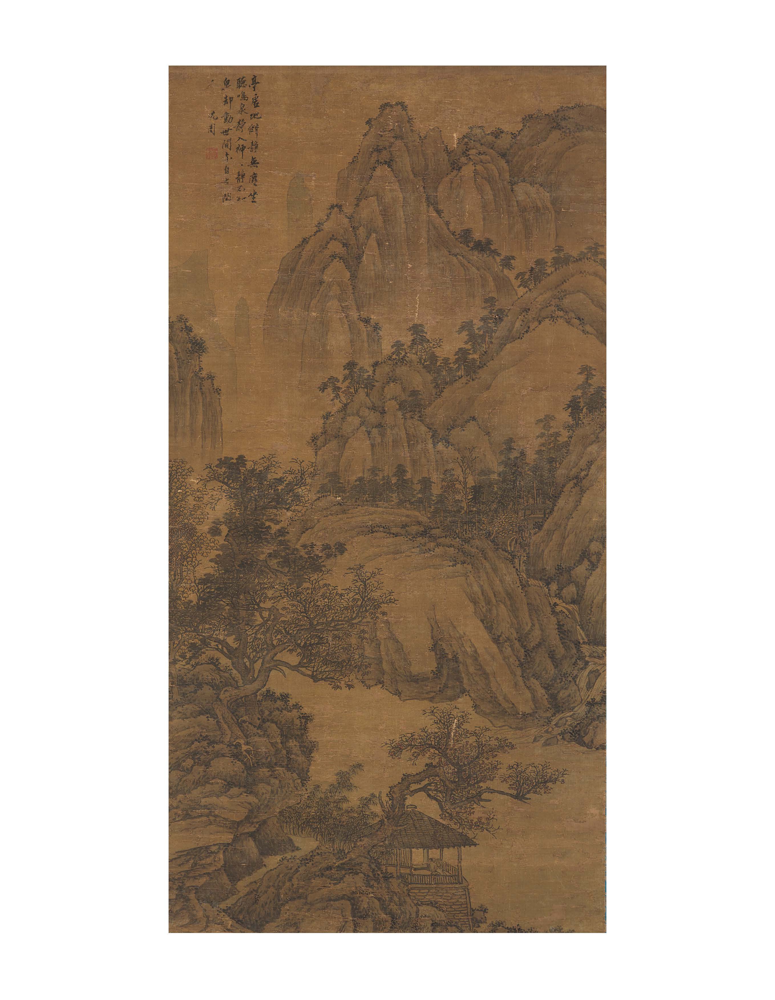 明沈周虛亭聽泉圖設色絹本立軸