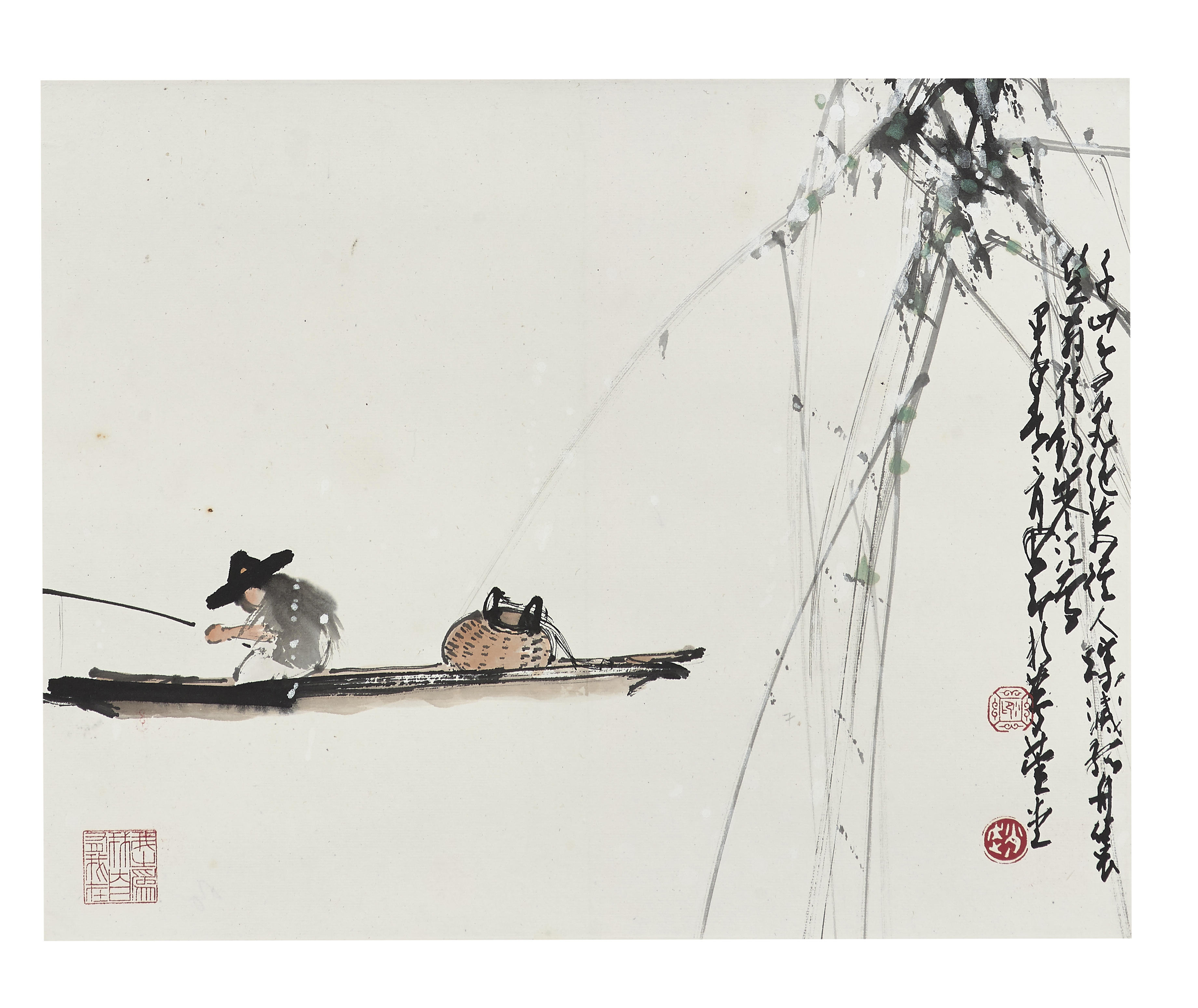趙少昂(1905-1998), 獨釣圖／書法設色紙本/水墨紙本雙挖立軸一九八四年