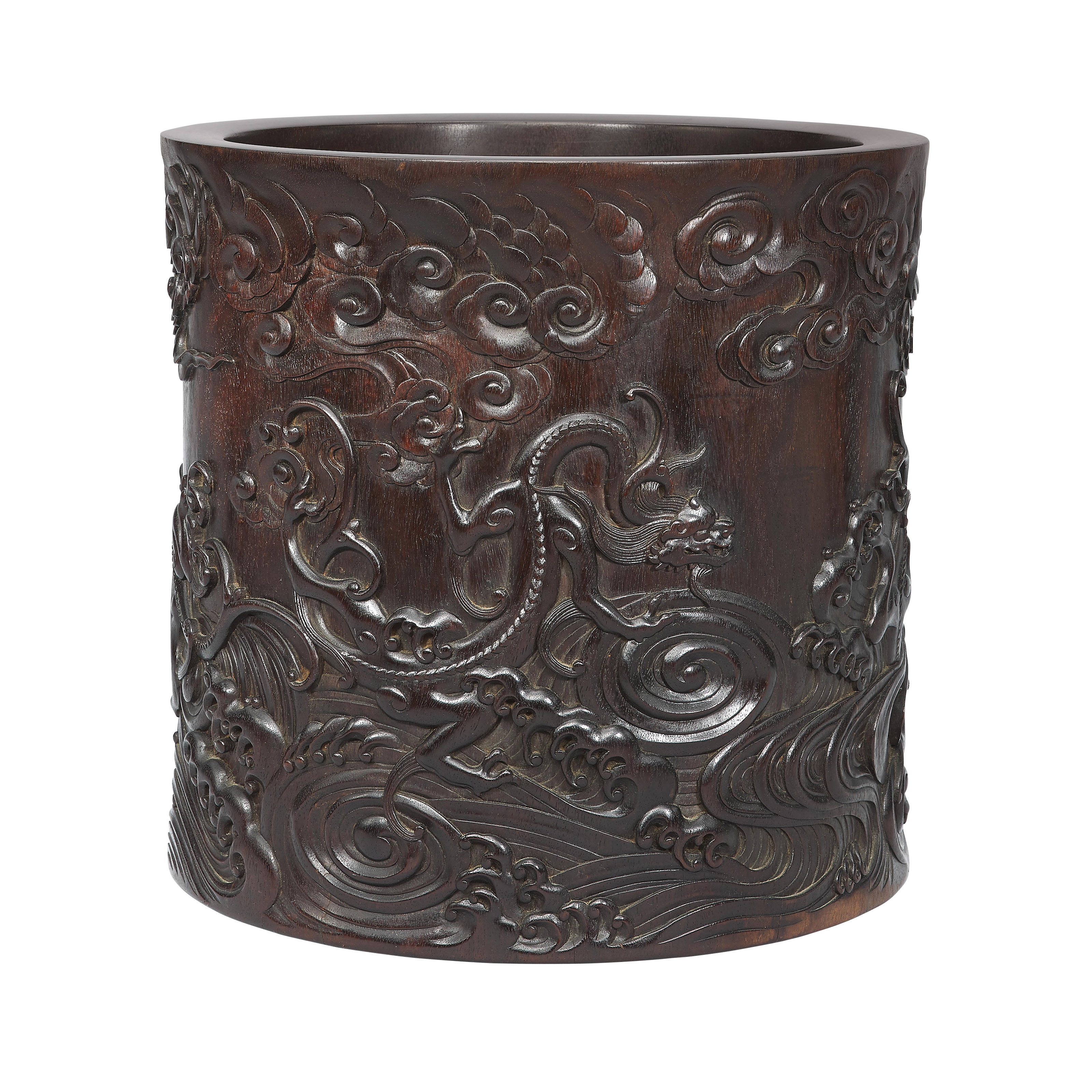 瓏】老紫檀の木彫 嵌銀絲卍字回紋筆筒 清時代 極細工 手彫り 置物 擺件  