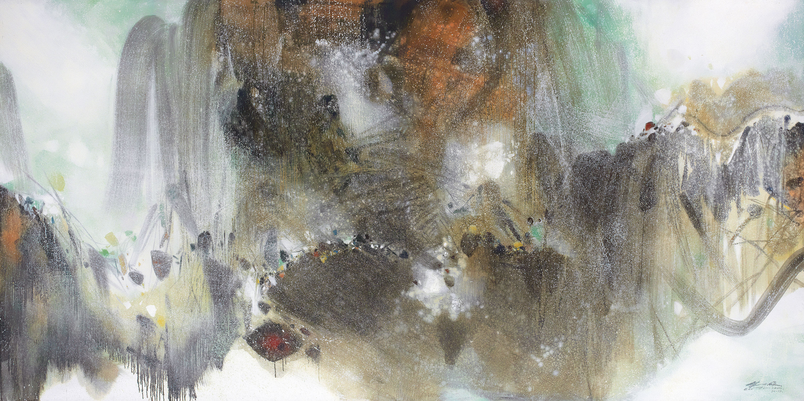 Chu Teh-Chun (Zhu Dequn, 1920-2014), VERTIGE NEIGEUX (SNOWY VERTIGO). Oil on canvas, diptych. Each: 200 x 200 cm (78 ¾ x 78 ¾ in). (2) Overall: 200 x 400 cm (78 ¾ x 157 ½ in). Painted in 1990-1999. Sold for HK$91,820,000 on 26 November 2016 at Christie’s in Hong Kong 