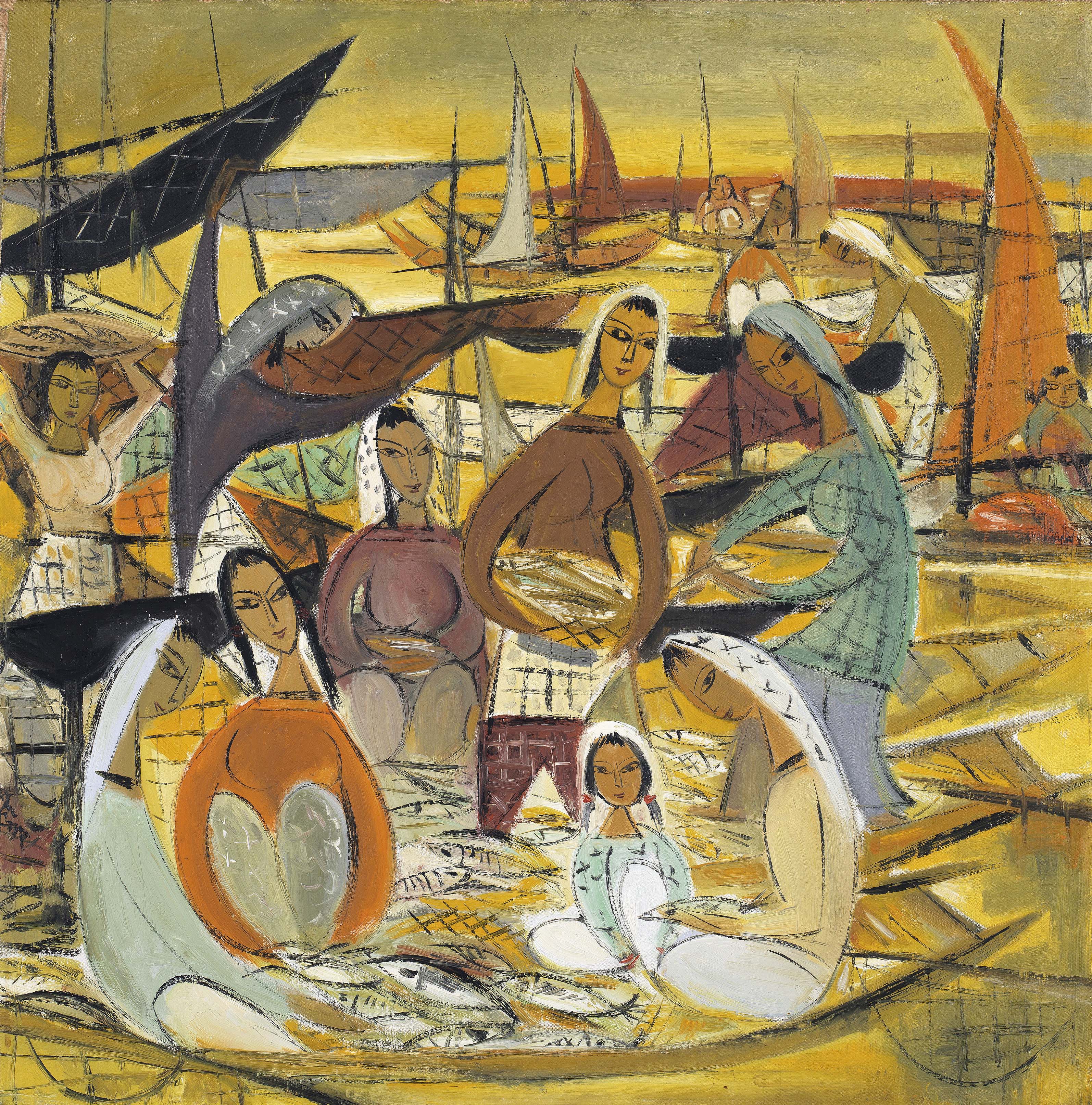 Lin Fengmian's Fishing Village, an oil painting of fisherwomen, baskets, and boats