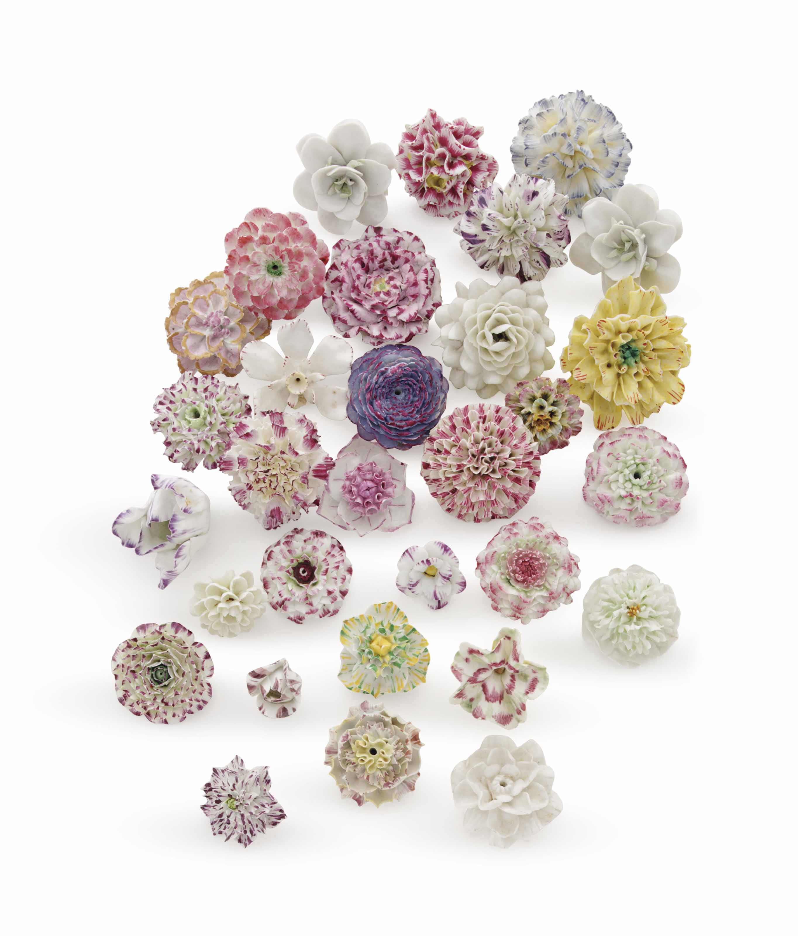 THIRTYTWO VINCENNES, SEVRES AND OTHER CONTINENTAL PORCELAIN FLOWERS