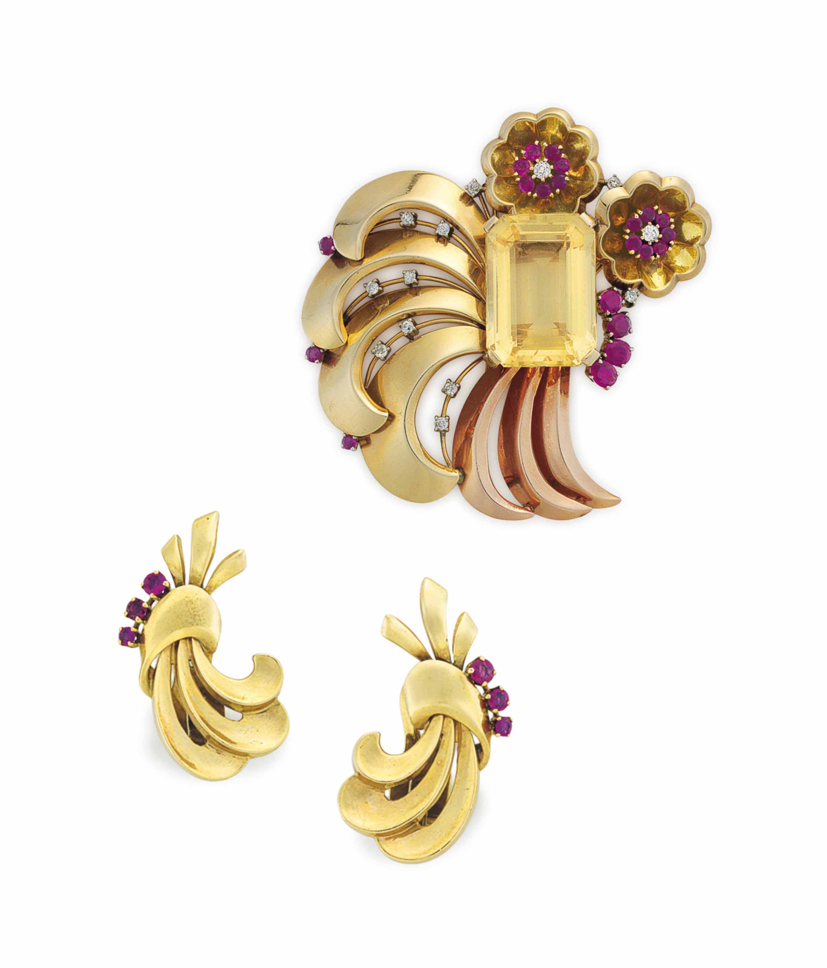 A SET OF RETRO CITRINE, RUBY, DIAMOND AND GOLD JEWELRY, BY PAUL FLATO