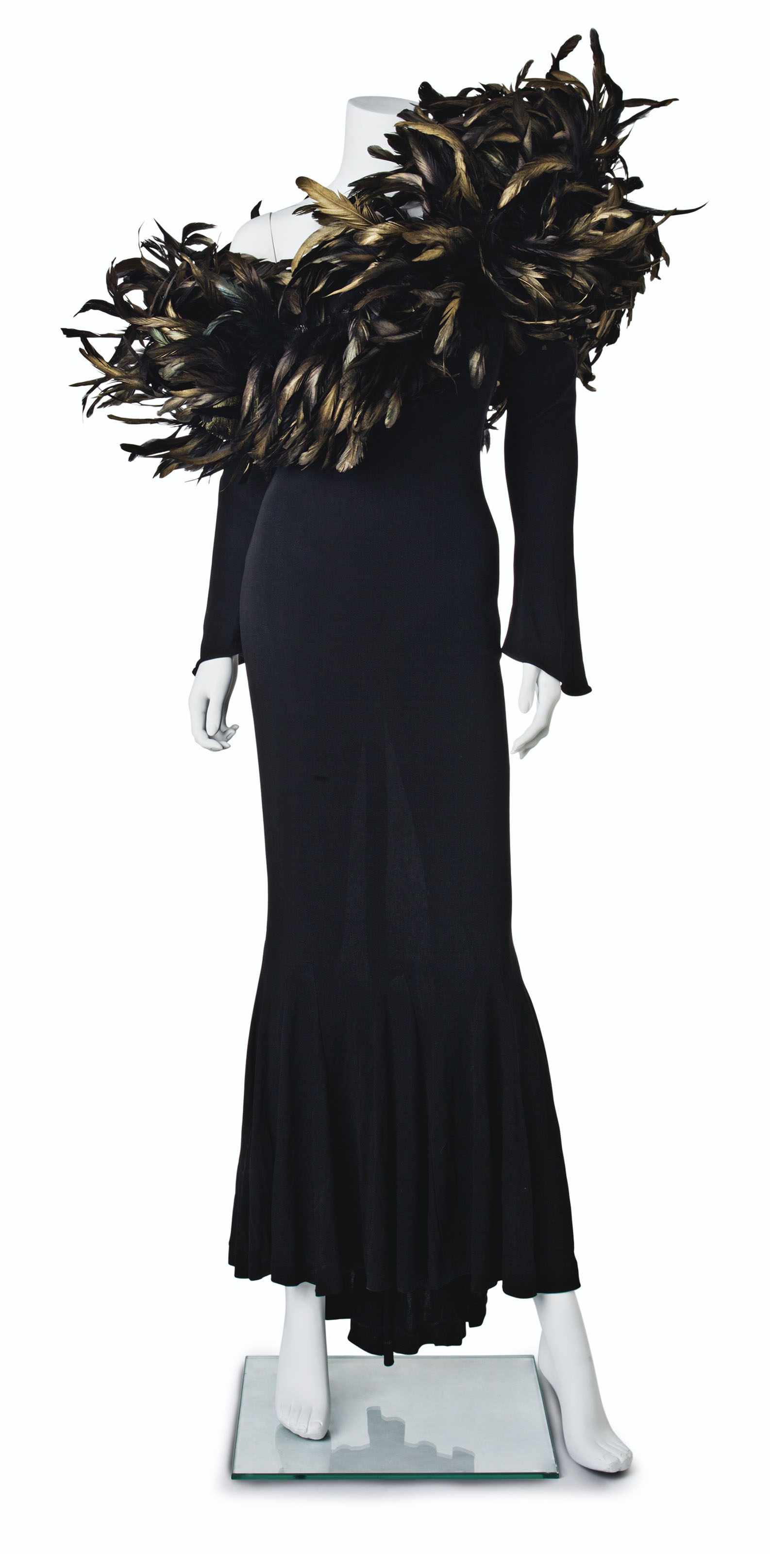 feather embellished gown