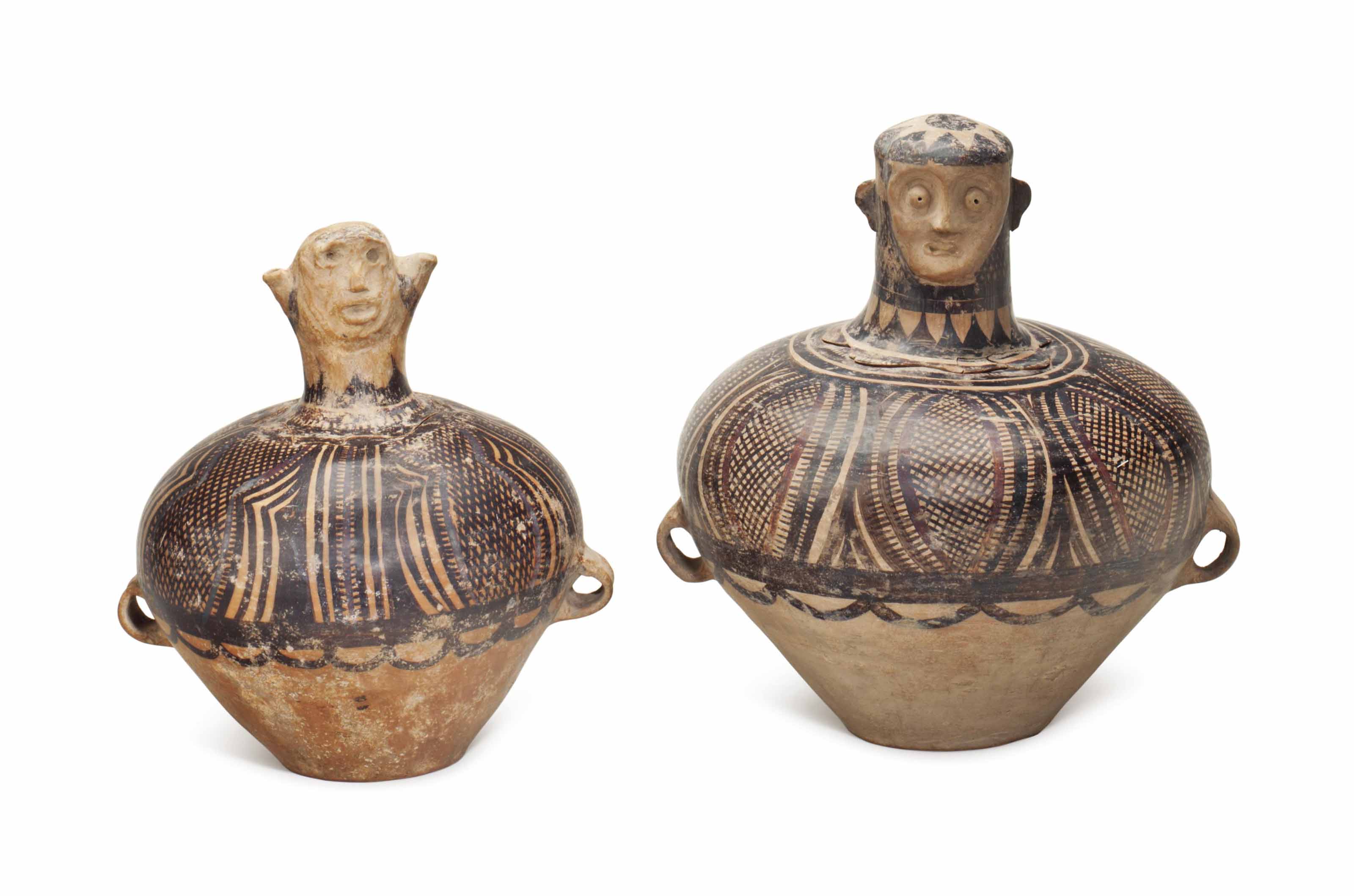 TWO CHINESE NEOLITHICSTYLE PAINTED POTTERY FIGURAL JARS AND COVERS