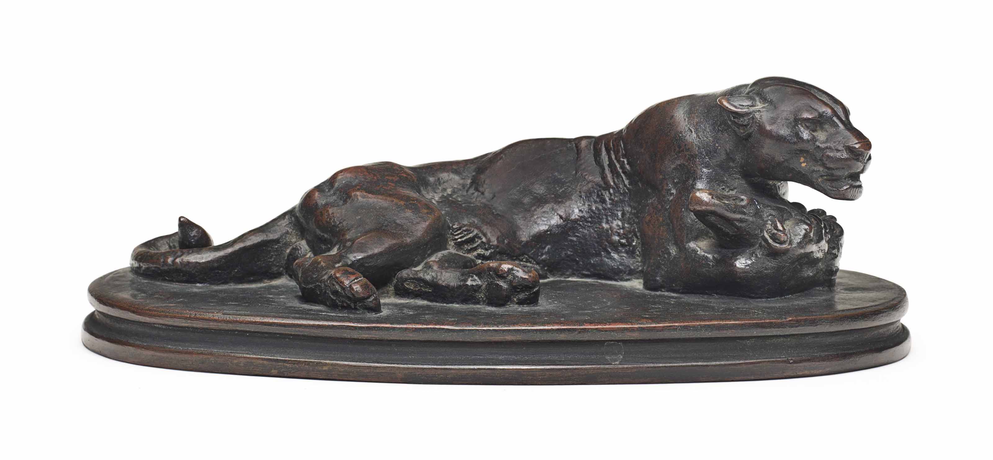 Antoine Louis Barye French 1796 1875 Jaguar Couche Tenant Une