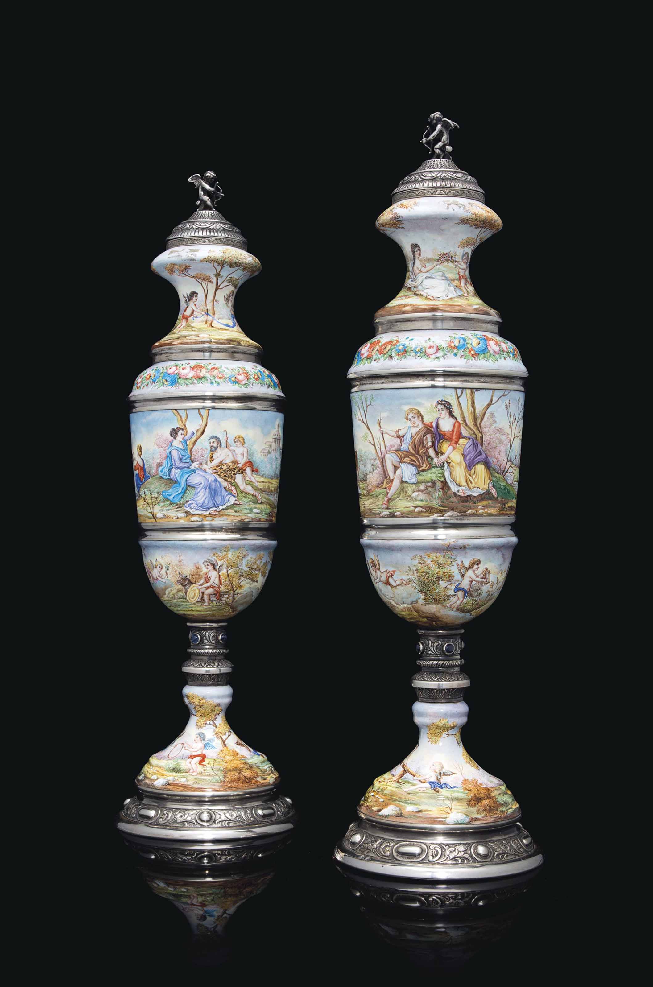 A Pair Of Austrian Silver And Enamel Vases And Covers Probably