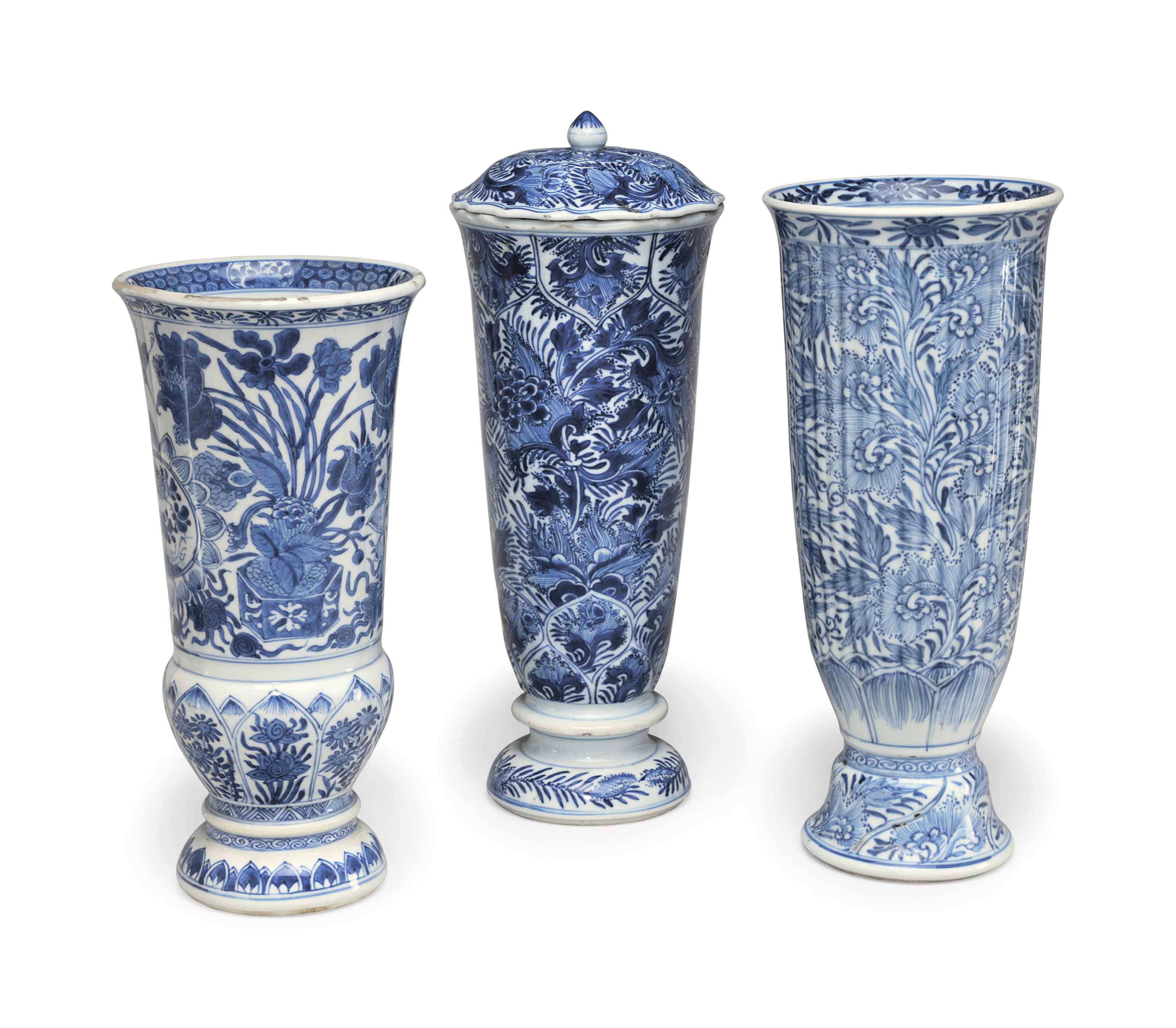 THREE BLUE AND WHITE GLASSFORM BEAKER VASES , KANGXI PERIOD (16621722