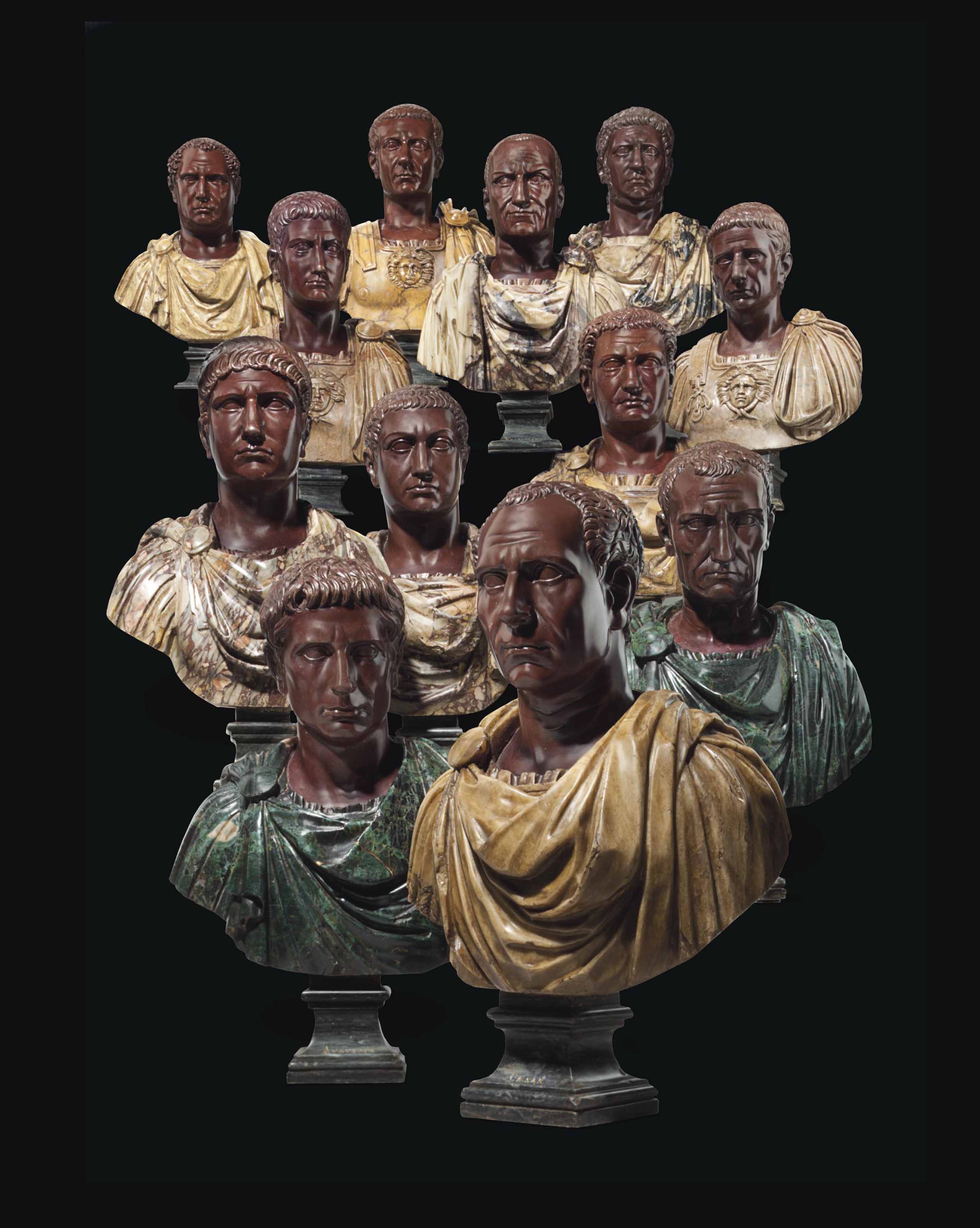 A SET OF TWELVE VARIEGATED MARBLE BUSTS OF ROMAN EMPERORS , ITALIAN