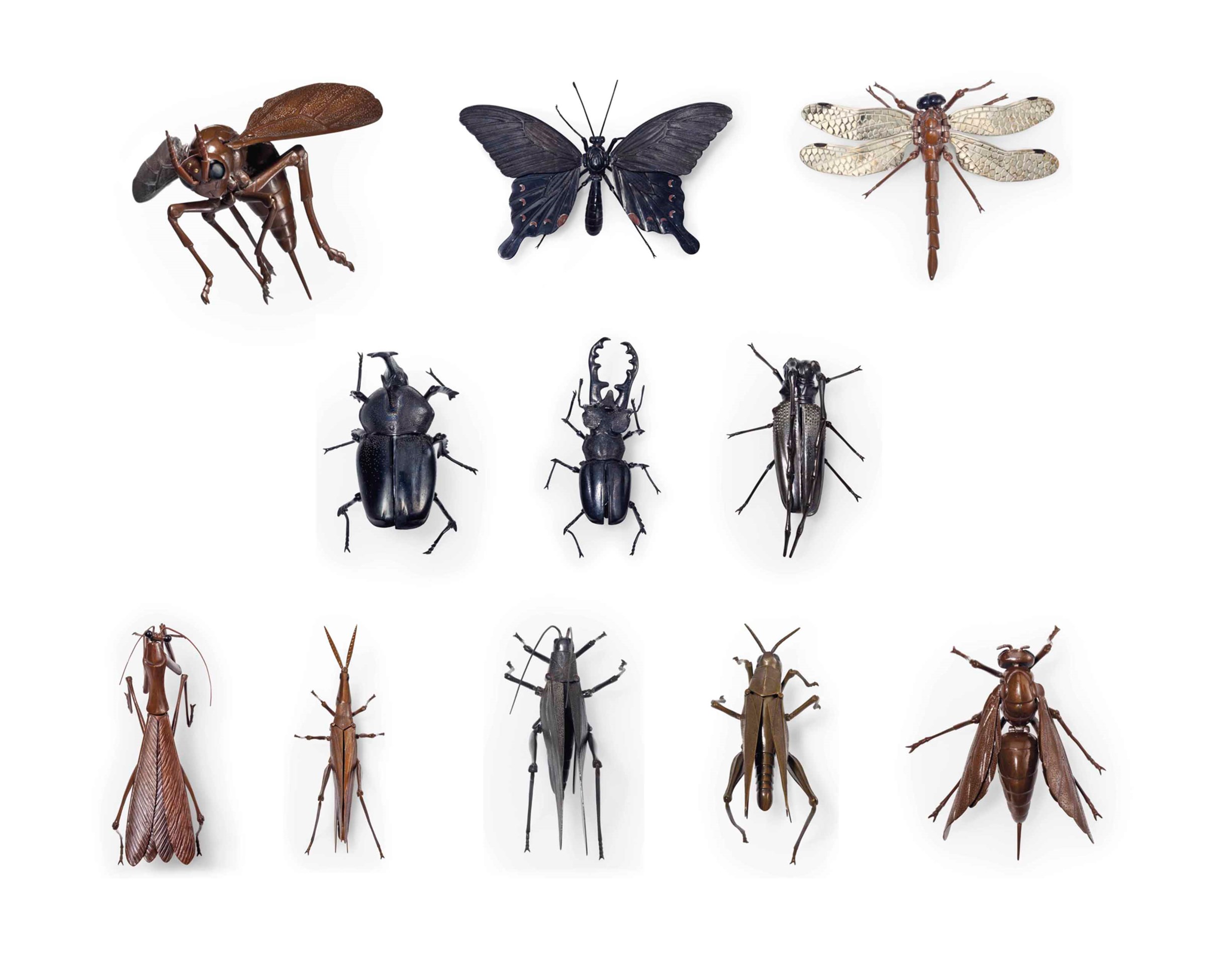 A set of ten articulated soft-metal insects, Early 20th century, each ...