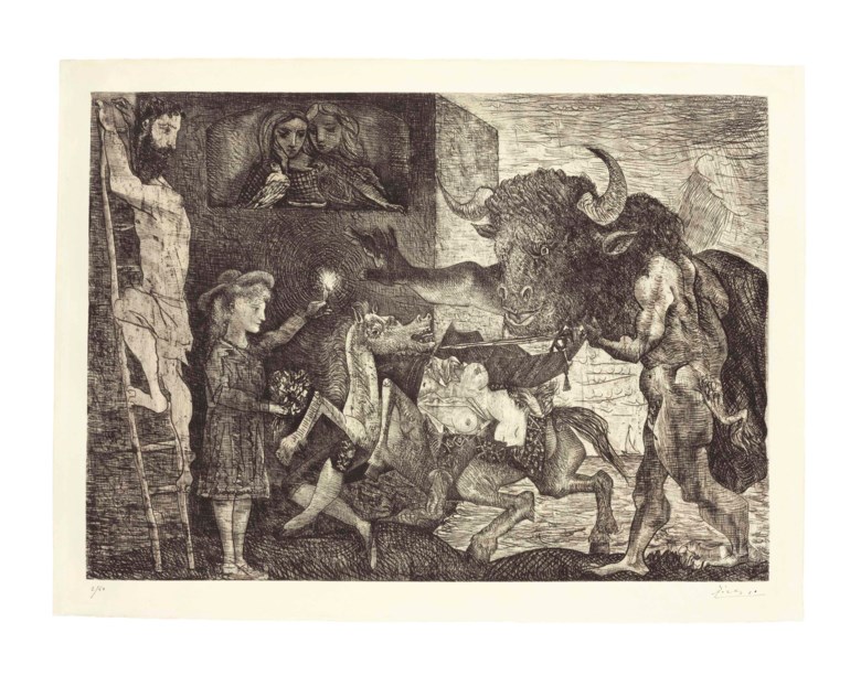 Pablo Picasso (1881-1973), La Minotauromachie, executed in 1935. Etching and engraving with scraper on Montval paper, Baers seventh (final) state. Sheet size 22¼ x 30 in (57 x 76 cm). Sold for $2,629,000 on 12 May 2016 at Christie's in New York. Artwork © Succession PicassoDACS, London 2019
