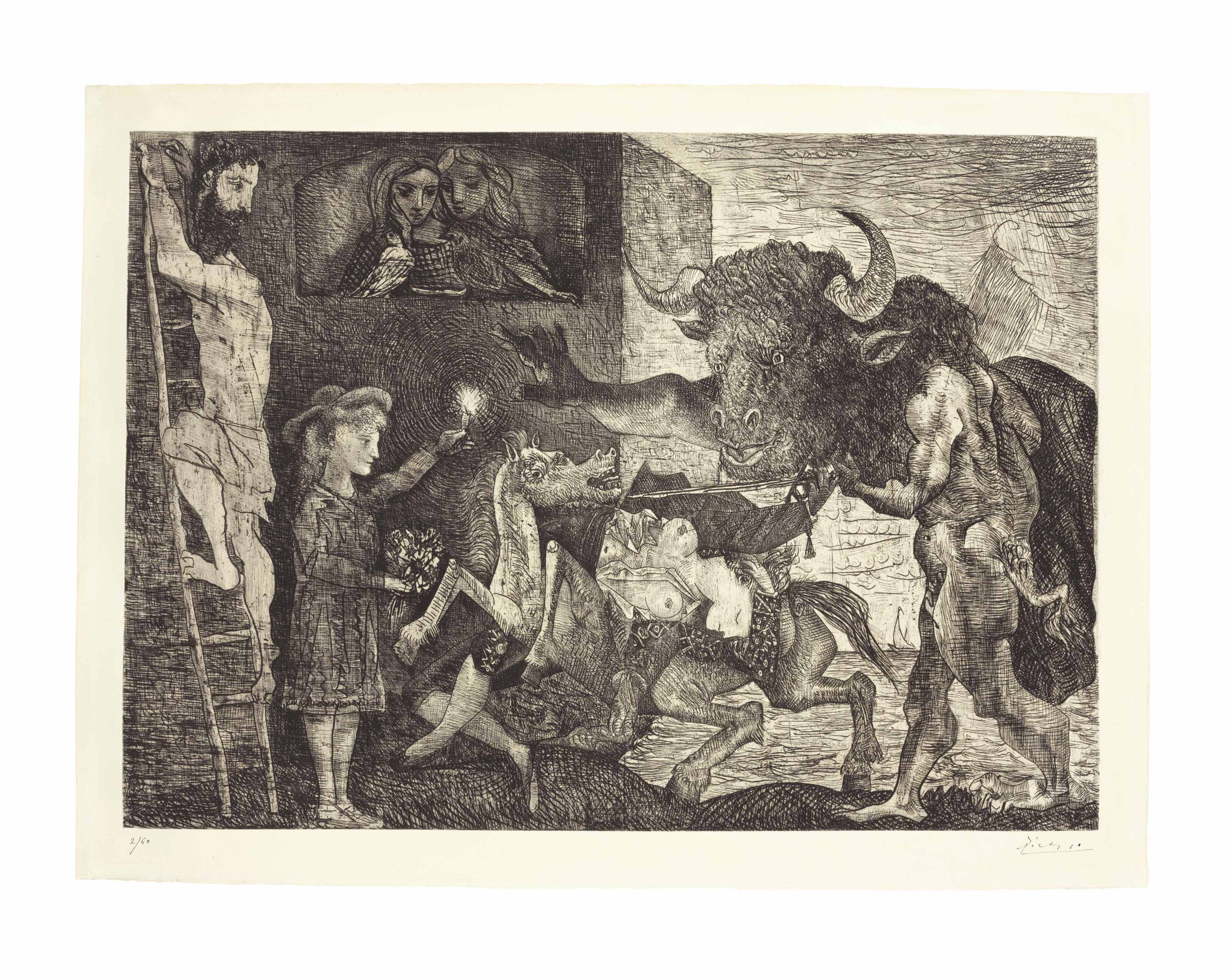 Pablo Picasso (1881-1973), La Minotauromachie, 1935. Etching and engraving with scraper on Montval paper, Baer&rsquo;s seventh (final) state. Image size: 19&frac12; x 27&frac14; in (50 x 69 cm); sheet size: 22&frac14; x 30 in (57 x 76 cm). Sold for $2,629,000 on 12 May 2016 at Christie&rsquo;s in New York