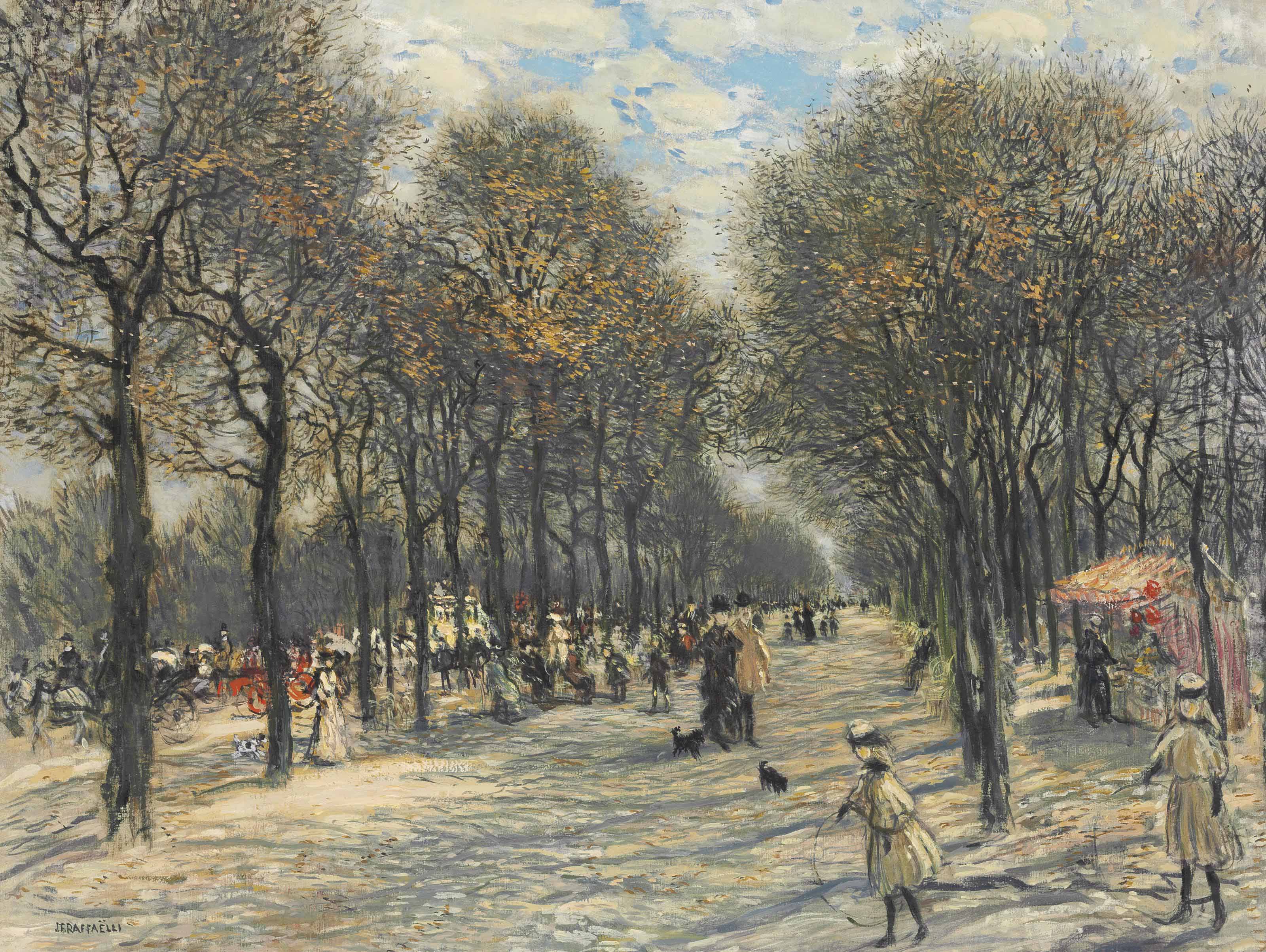 Jean Fran&ccedil;ois Raffa&euml;lli (1850-1924), All&eacute;e d'arbres aux Champs-Elys&eacute;es. 27⅛ x 35⅞  in (69 x 91  cm). Sold for $305,000 on 25 April 2016 at Christie&rsquo;s in New York