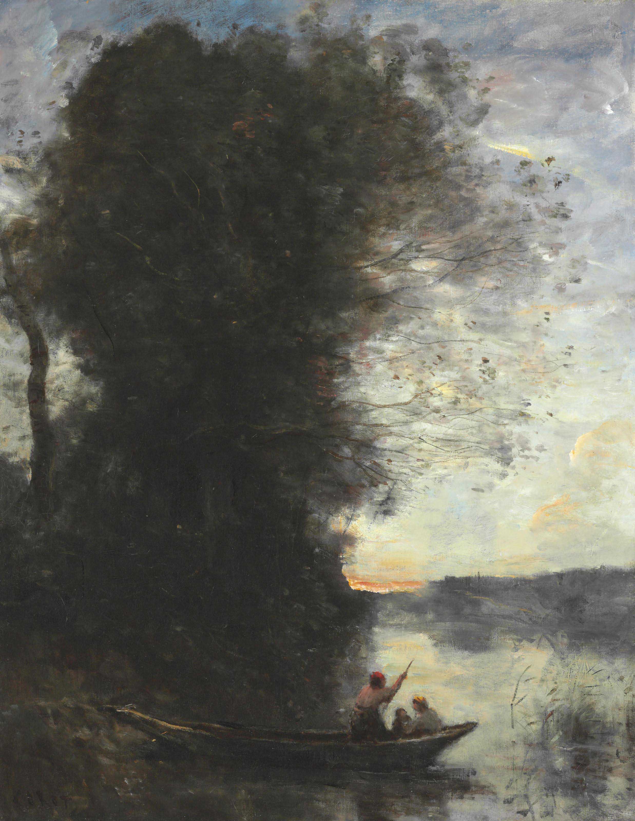 Le batelier quittant la rive avec une femme et un enfant assis dans sa barque (soleil couchant)
