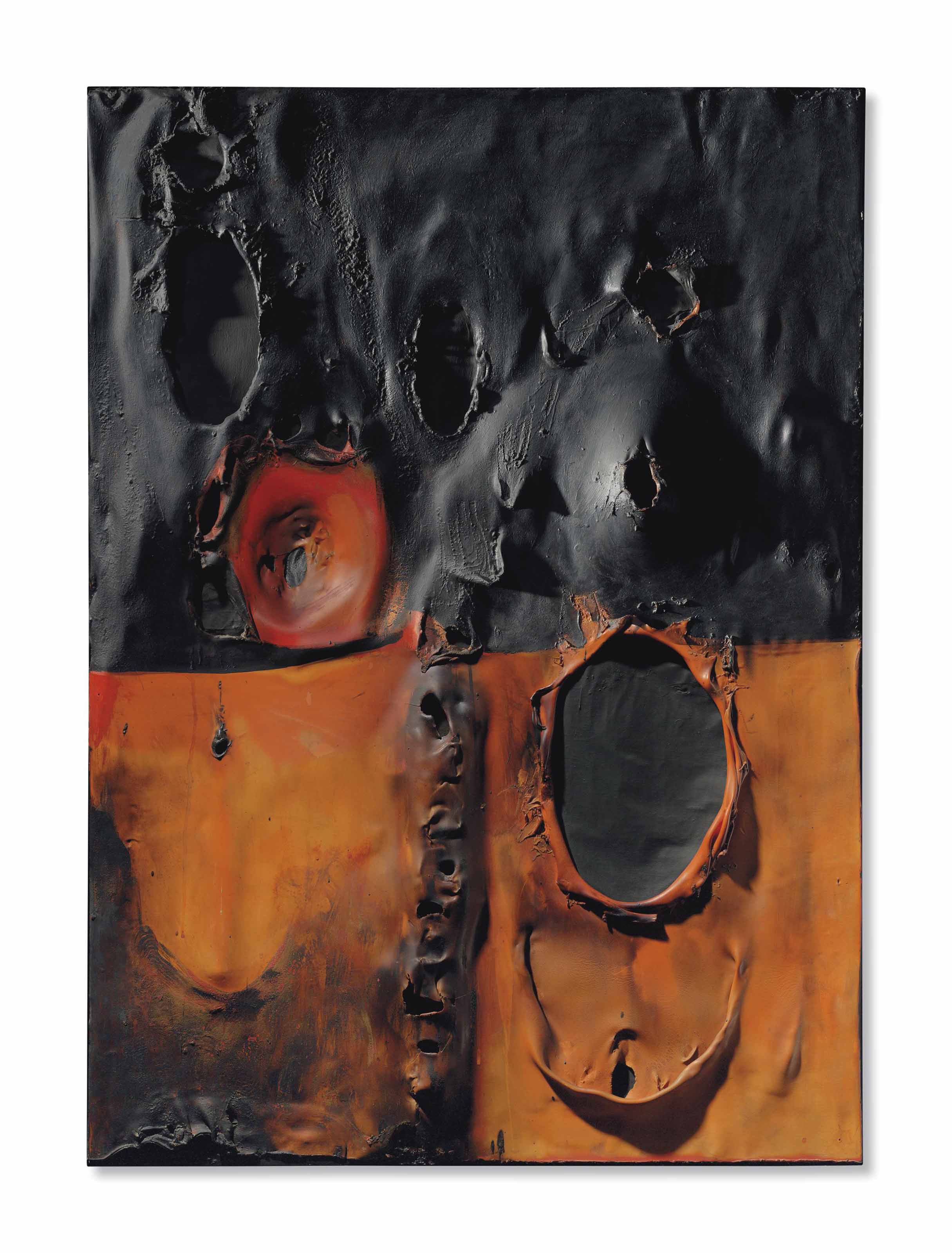 Alberto Burri (1915-1995), Rosso Combustione Plastica, 1957. Plastic, acrylic, fabric and combustion on canvas. 49&frac14; x 34⅝  in (125 x 88  cm). Sold for $4,951,500 on 15 November 2016  at Christie&rsquo;s in New York. Artwork: &copy; Fondazione Palazzo Albizzini Collezione Burri, Citt&agrave; di Castello / DACS 2018

