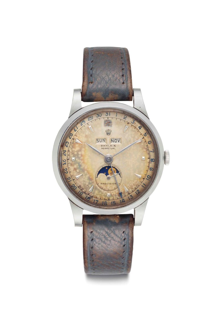 Rolex. An extremely rare and fine stainless-steel automatic triple calendar wristwatch with moon phases and tropical dial. Signed Rolex, Perpetual, Precision, Ref. 8171, Movement No. 56924, Case No. 686258, Circa 1951. 38mm diam. Sold for $161,000 on 7 June 2016