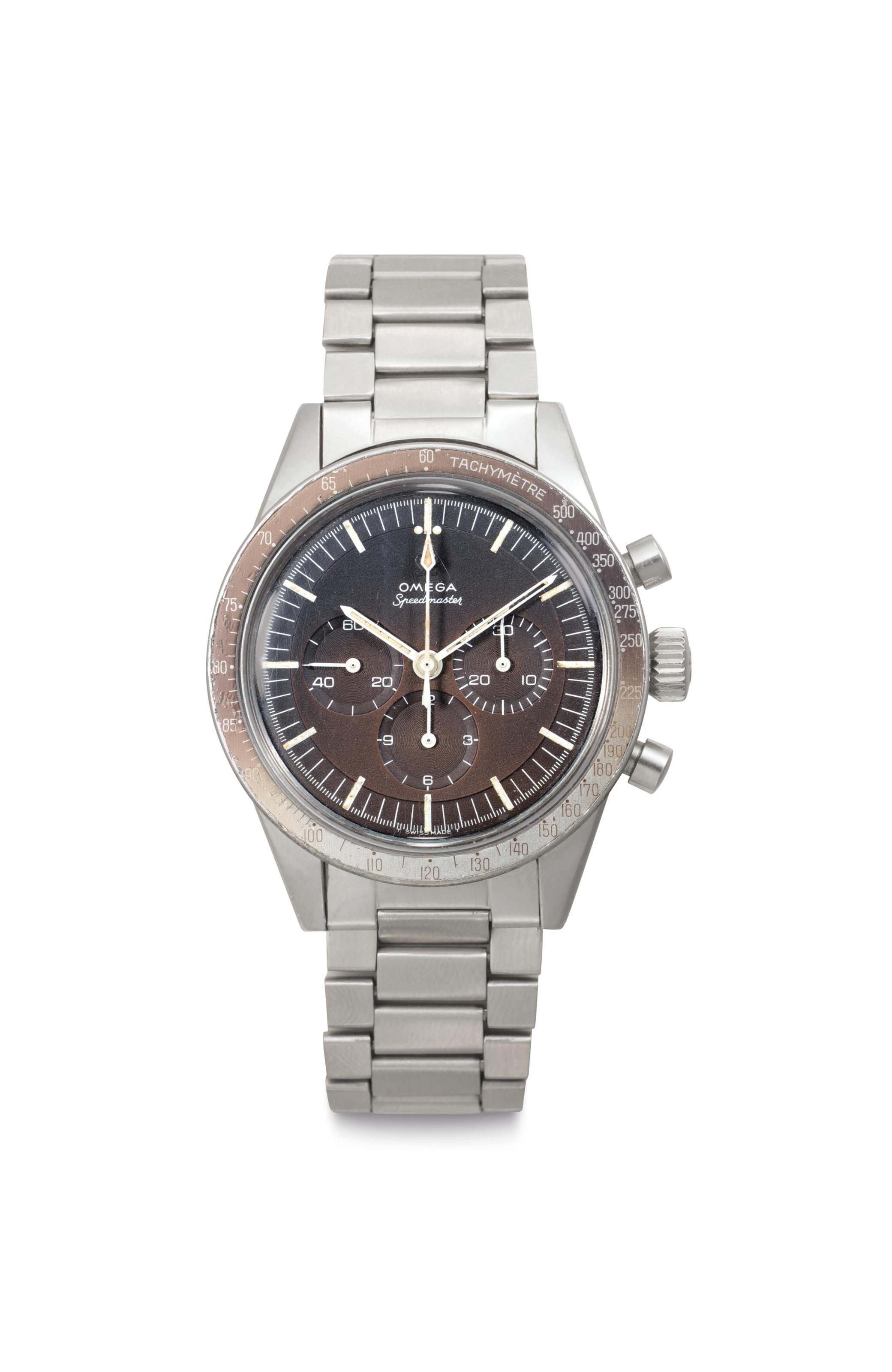 Omega. A fine stainless-steel chronograph wristwatch with &lsquo;tropical&rsquo; dial and bracelet. Signed Omega, Speedmaster, Ref. ST 105 003, No. 26'441'774. Manufactured in 1967. Sold for $30,000 on 6 December 2016