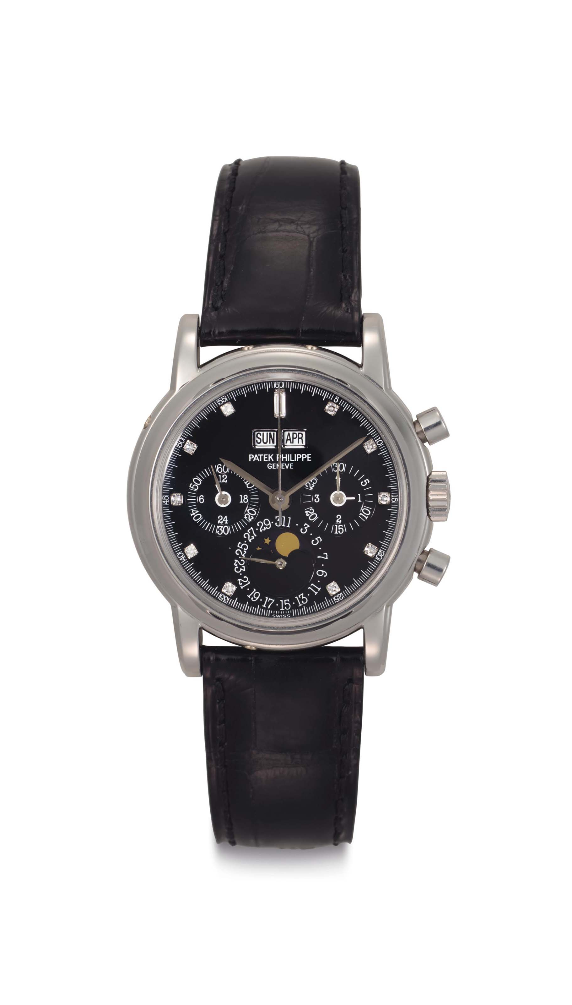 Patek Philippe. A Very Fine and Rare Platinum and Diamond-set Perpetual  Calendar Chronograph Wristwatch with Moon Phases and Additional Solid  Caseback