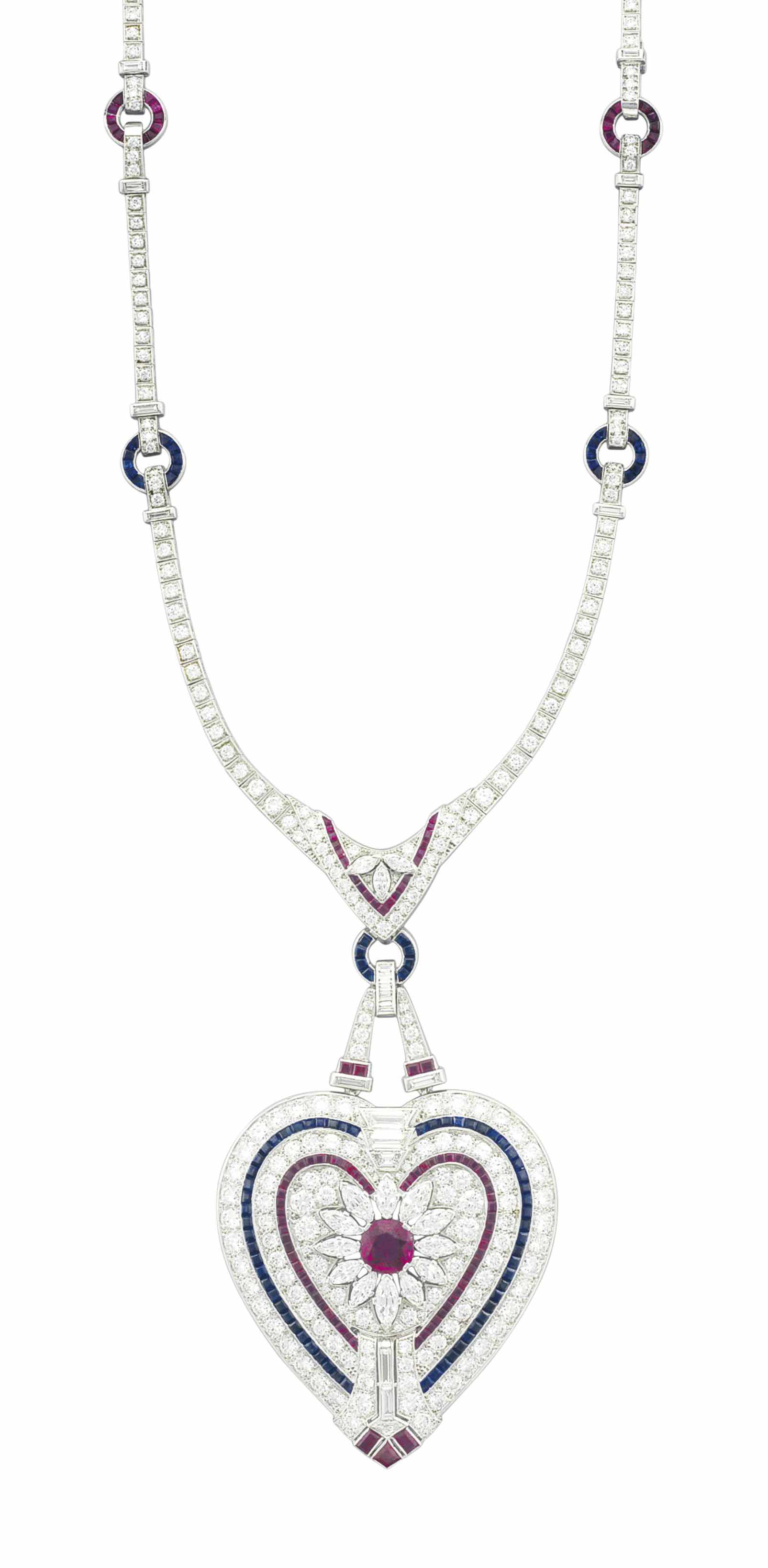 A DIAMOND, RUBY AND SAPPHIRE HEART PENDANT NECKLACE