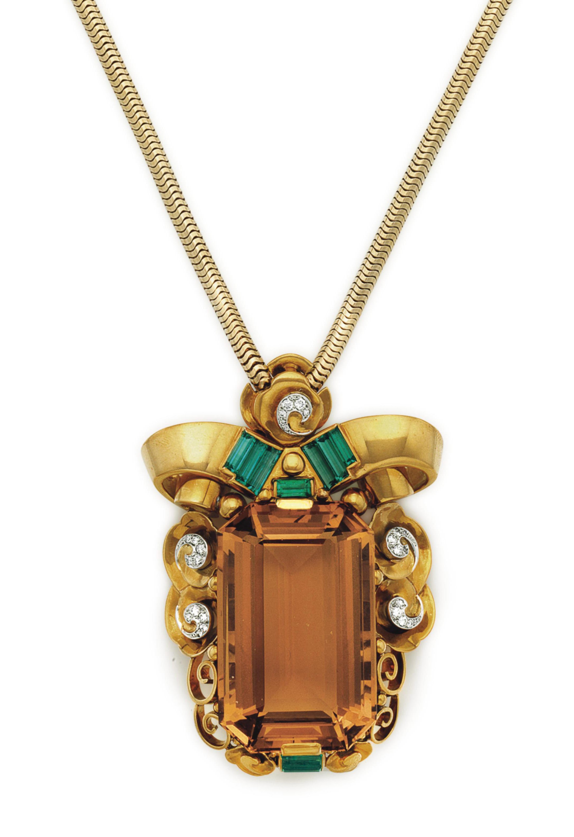 A RETRO CITRINE, EMERALD AND DIAMOND PENDANT NECKLACE, BY TIFFANY & CO