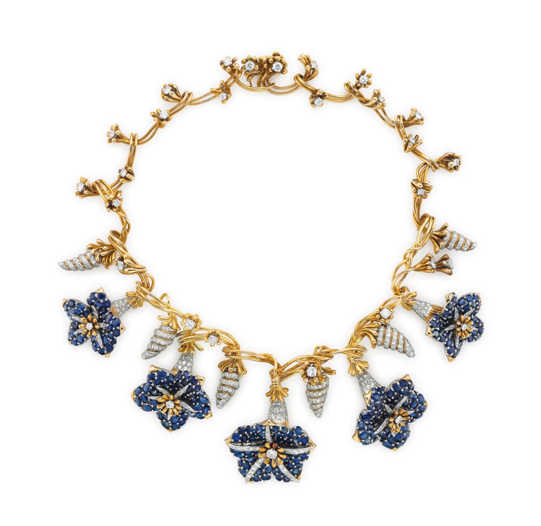 A SAPPHIRE AND DIAMOND 'MORNING GLORY' NECKLACE, BY JEAN SCHLUMBERGER, TIFFANY & CO.