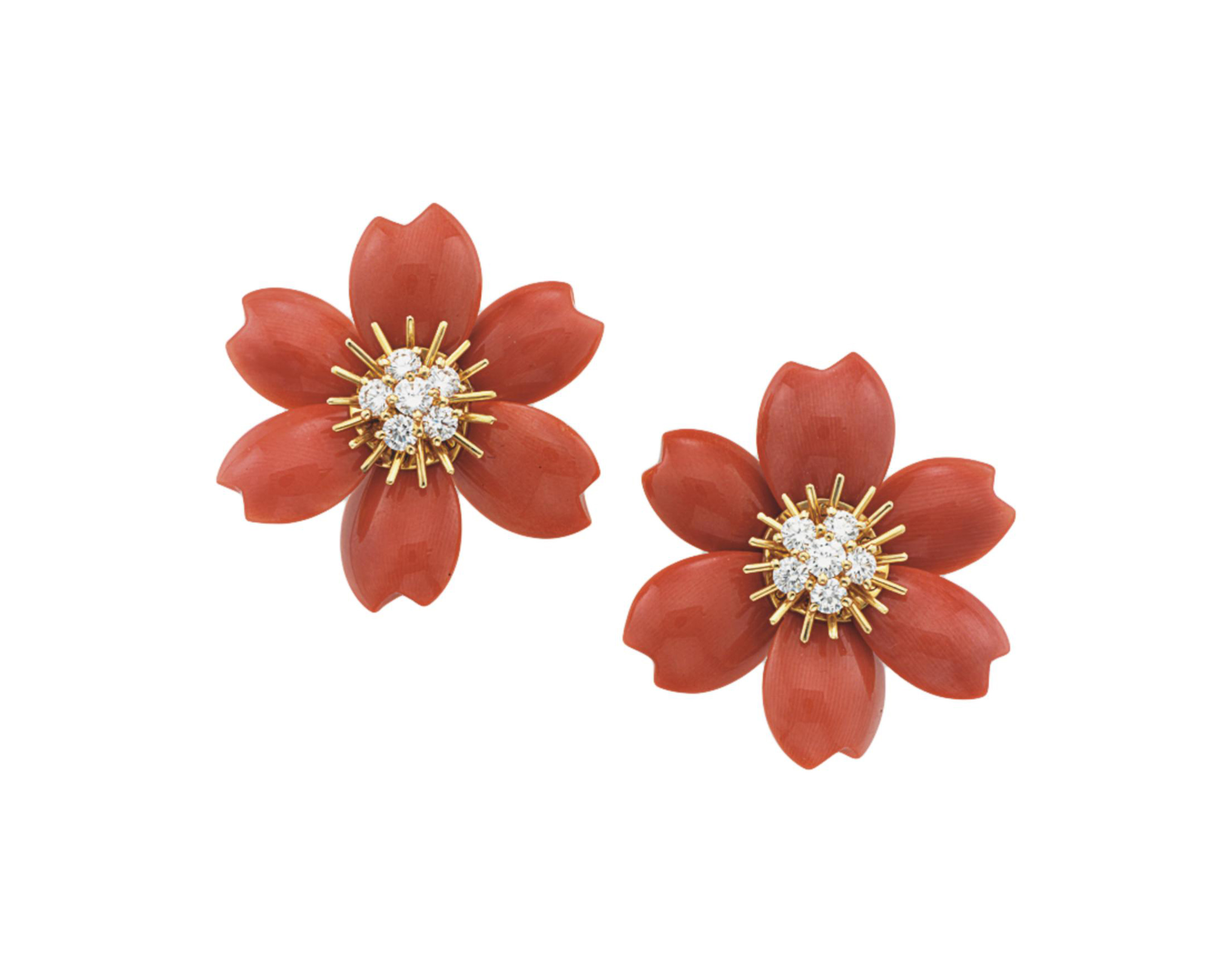 A Pair Of Coral And Diamond Rose De Noel Ear Clips By Van Cleef