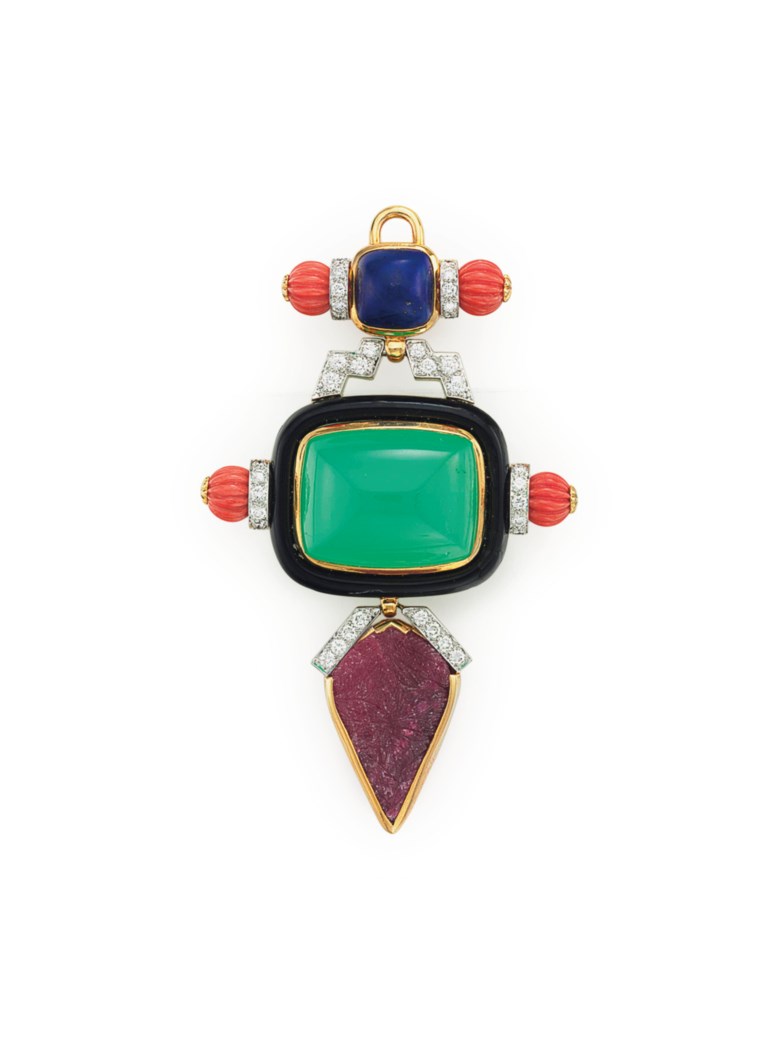 A multi-gem and diamond pendant brooch, by David Webb. Sold for $21,250 on 7 December 2016 at Christie’s in New York