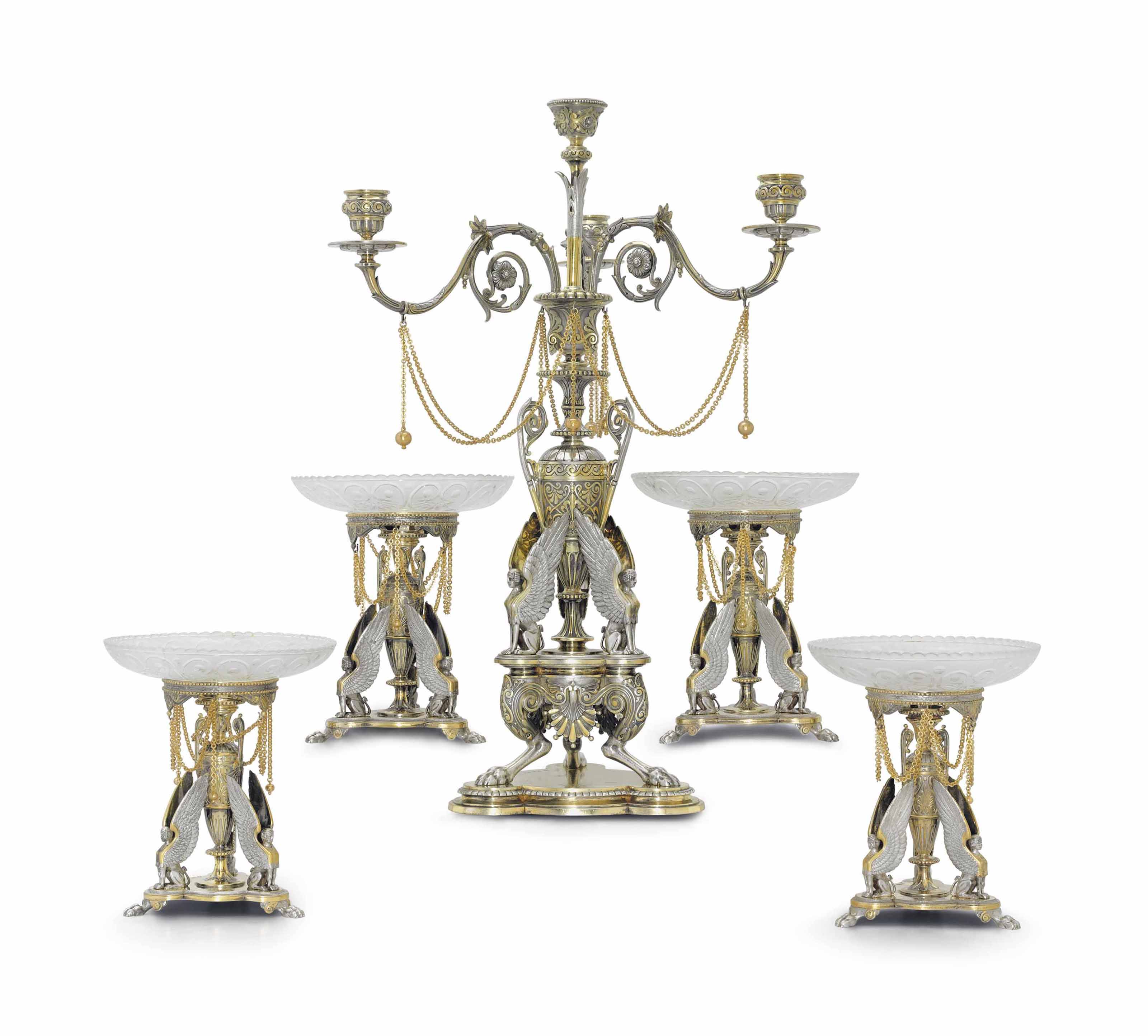 A VICTORIAN PARCELGILT SILVER FIVEPIECE TABLE GARNITURE , MARK OF FREDERICK ELKINGTON