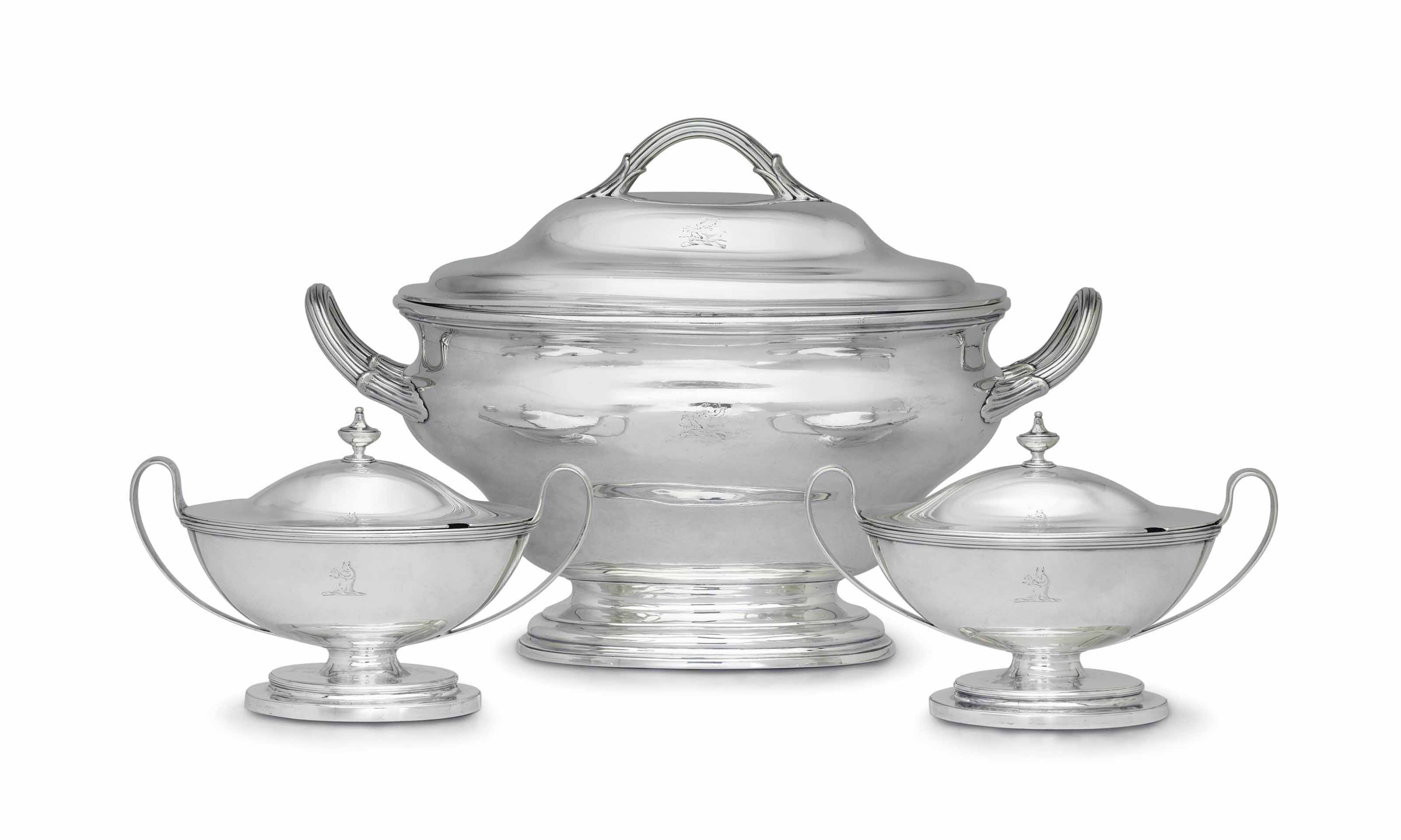 A GEORGE III SILVER SOUP TUREEN AND A PAIR OF SILVER SAUCE T...