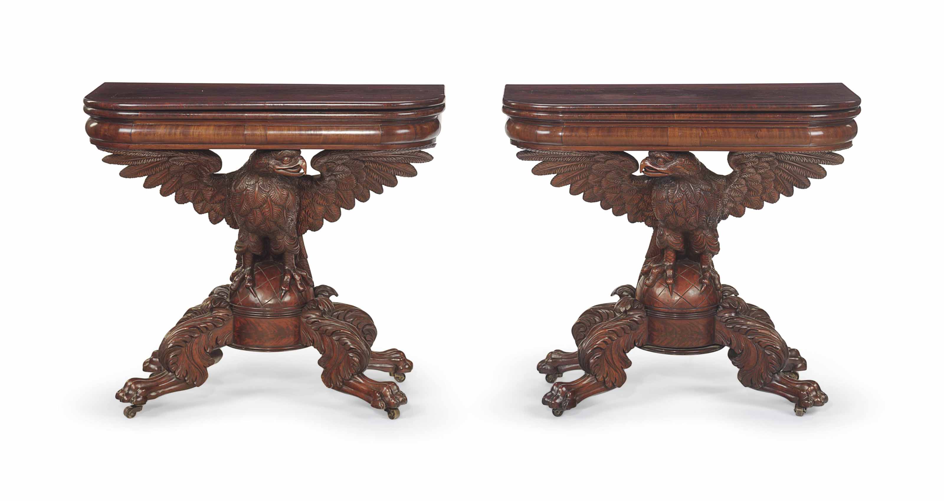 A Pair Of Classical Carved Mahogany Eagle Base Card Tables