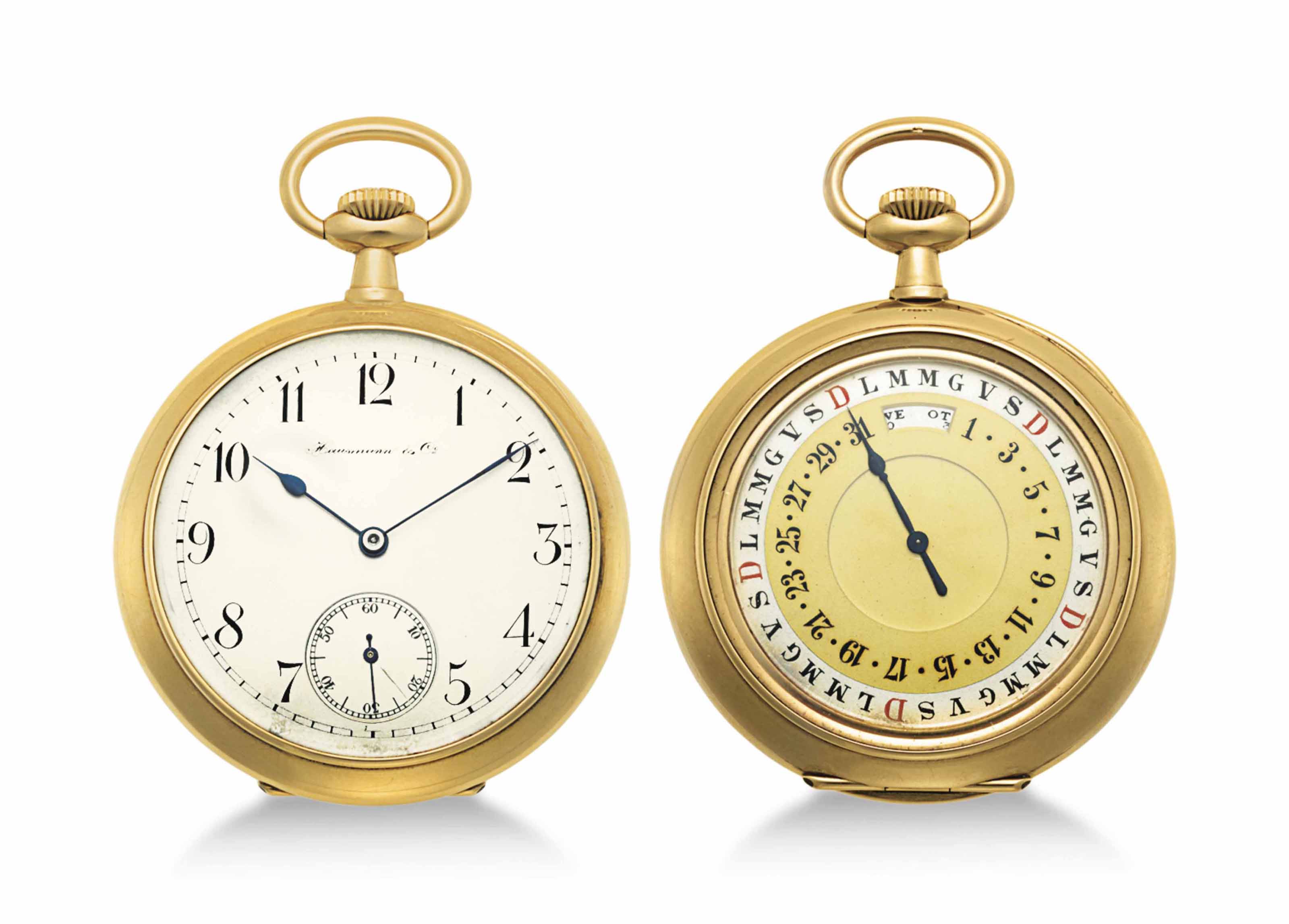 Hausmann & Co. An 18k Gold Openface Keyless Lever Watch with Day, Date and Month Indication