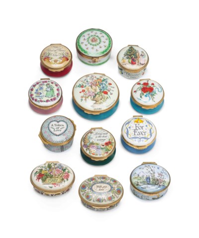 MRS. RONALD REAGAN A COLLECTION OF TWELVE ENAMEL AND PORCELAIN PILL BOXES , HALCYON DAYS AND ...