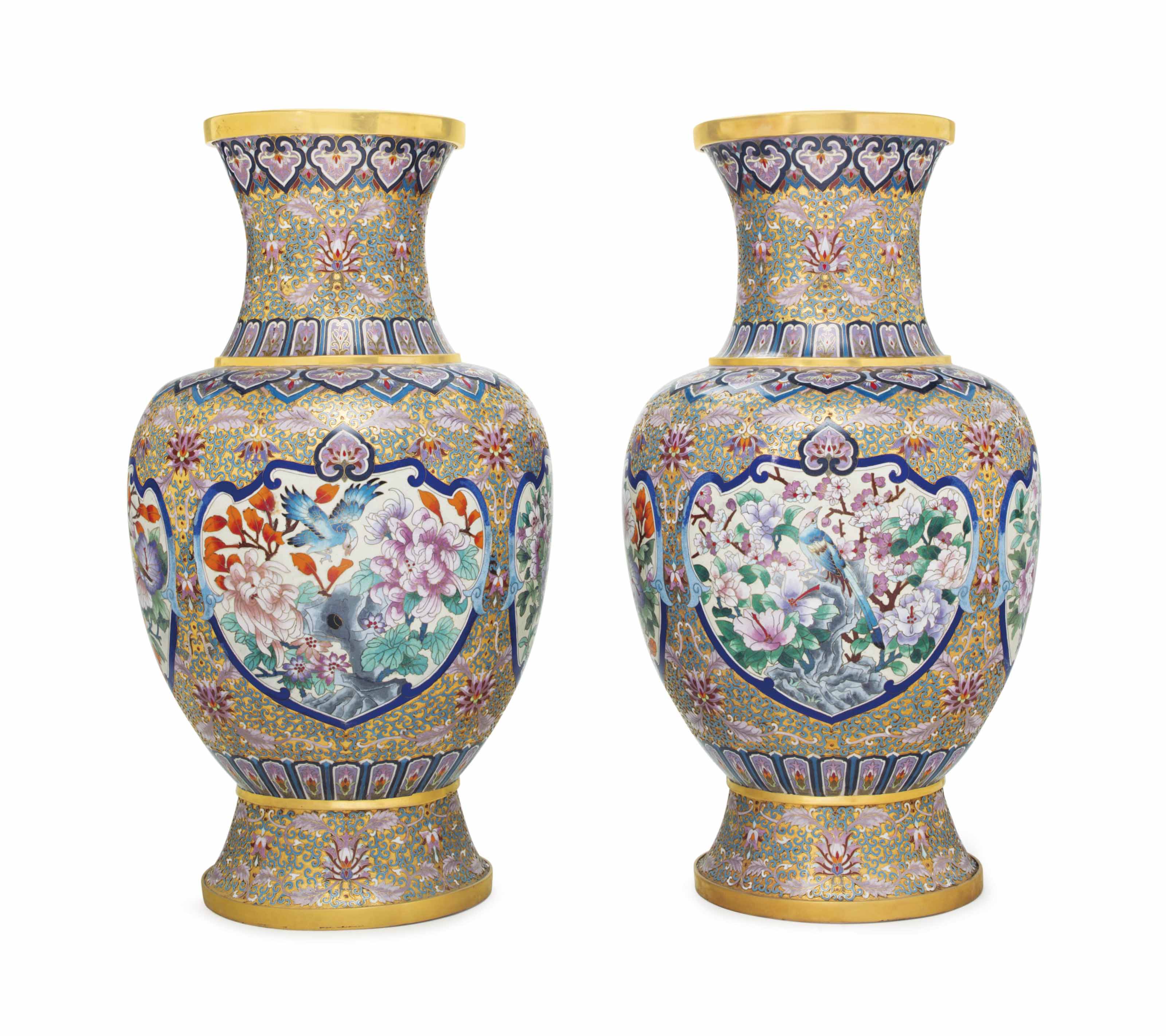 A LARGE PAIR OF CHINESE GILT AND CLOISONNÉENAMEL VASES , 20TH CENTURY