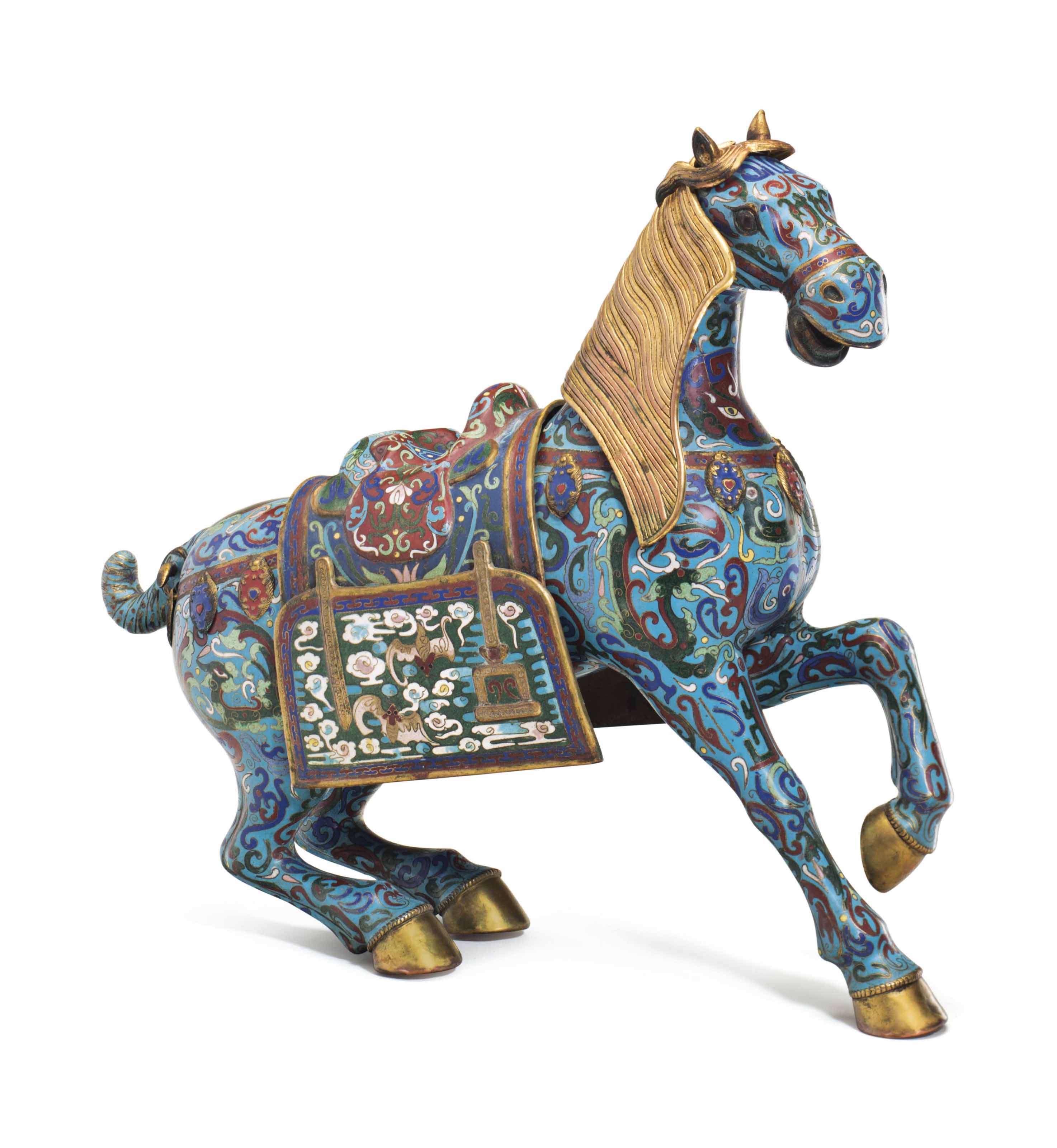 A CHINESE CLOISONNE ENAMEL FIGURE OF A CAPARISONED HORSE , 20TH CENTURY