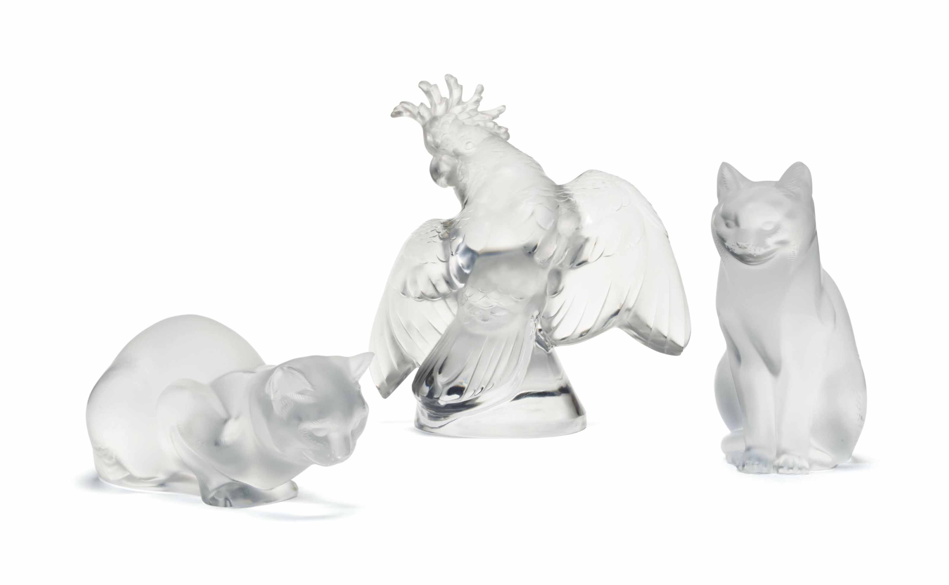 Three French Frosted Glass Animals And Birds Signed In Etch
