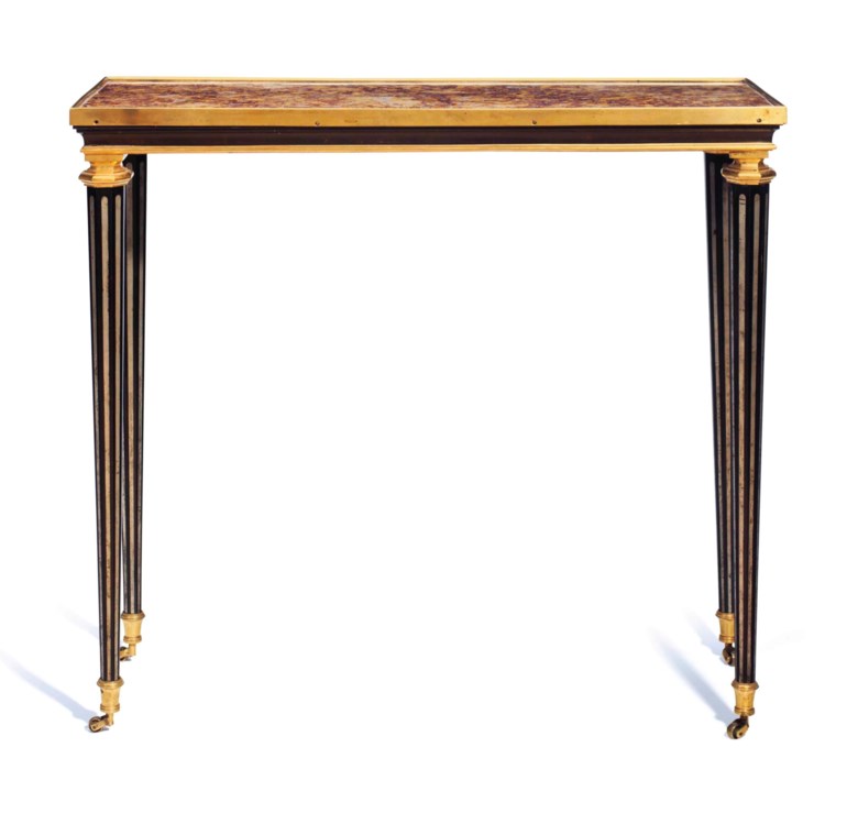 A late Louis XVI ormolu-mounted, pewter inlaid and ebonized table de cafe, by Adam Weisweiler circa 1785, almost certainly supplied by the marchand-mercier, dominique daguerre. 29½  in (74.9  cm) high, 33  in (83.8  cm) wide; 13  in (33  cm) deep. Sold for $118,750 on 14-15 June 2016 at Christie’s in New York