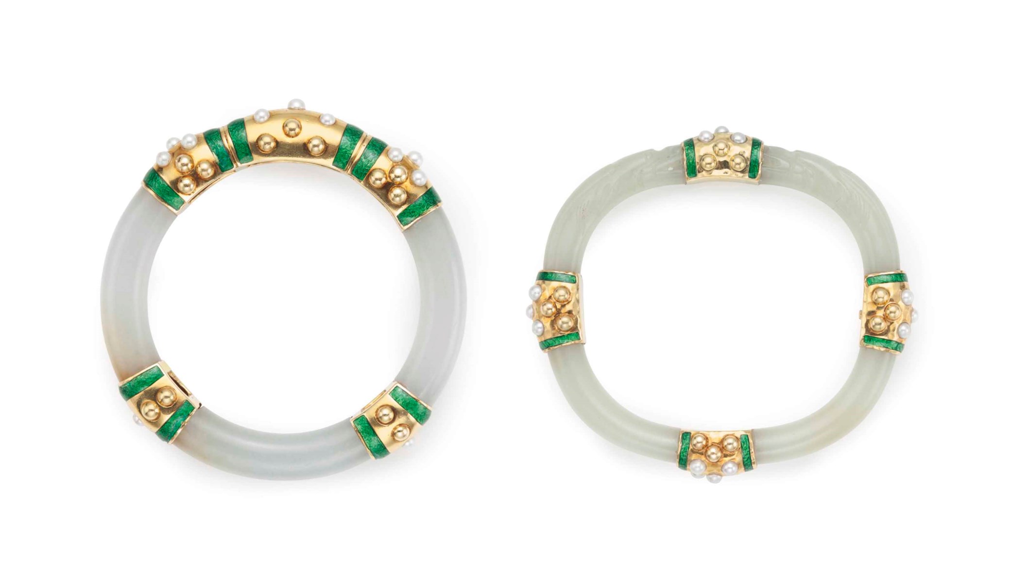 TWO 18K YELLOW GOLD AND ENAMEL MOUNTED JADE BANGLES, BY DAVID WEBB