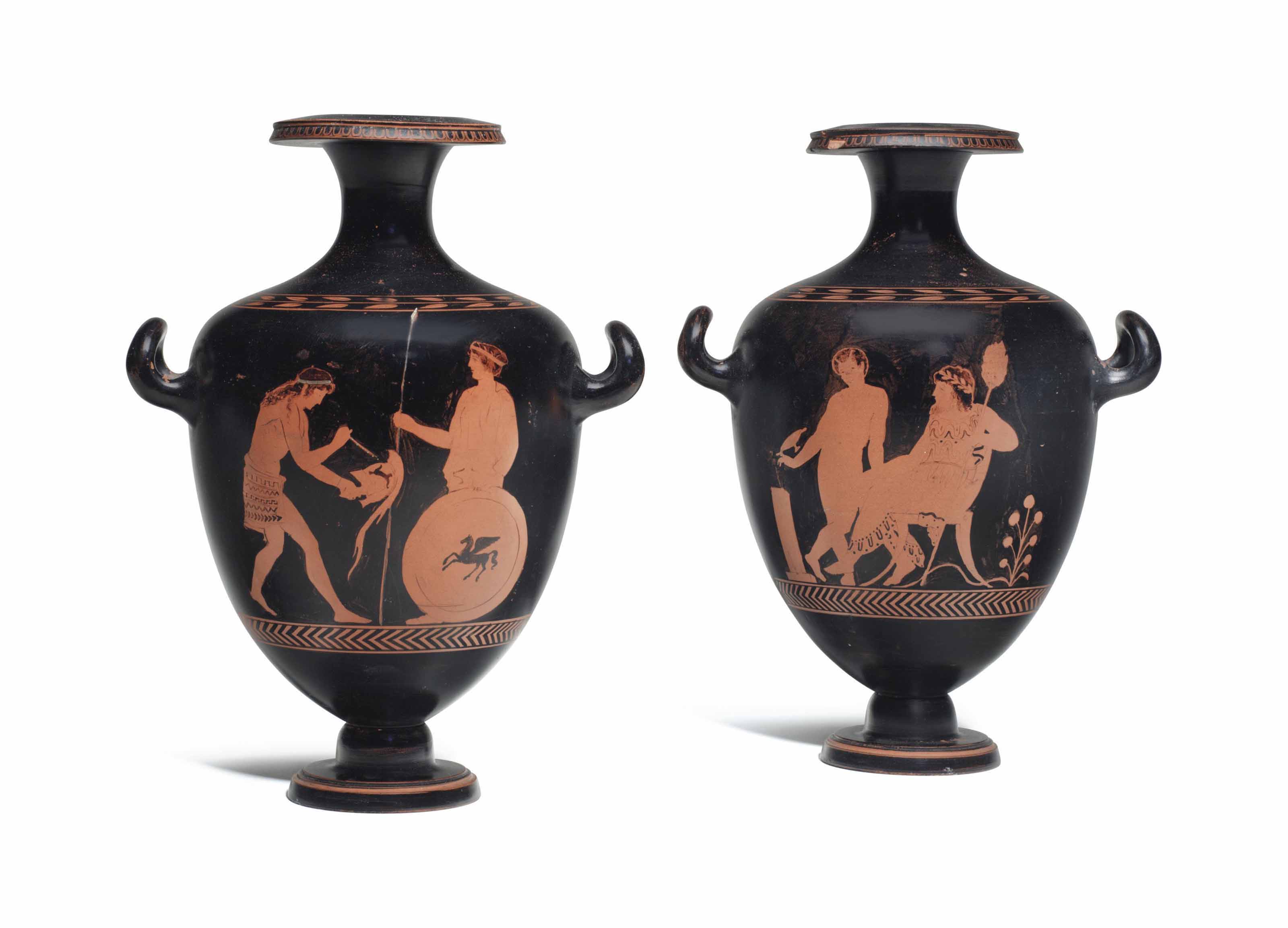 A Pair Of Italian Terracotta Red Figure Black Ground Kalpis Vases