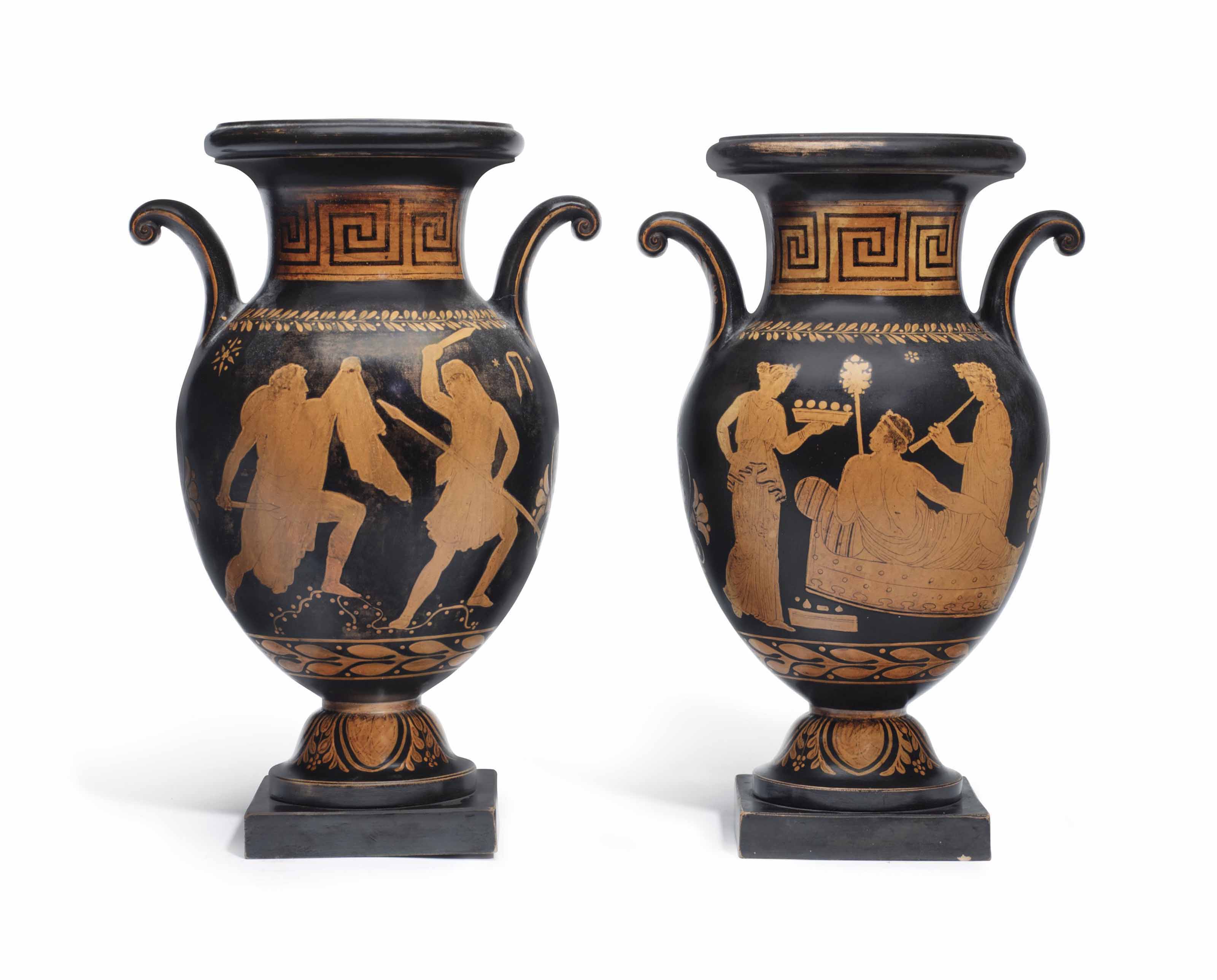 A Pair Of Italian Terracotta Red Figure Black Ground Kylix Vases