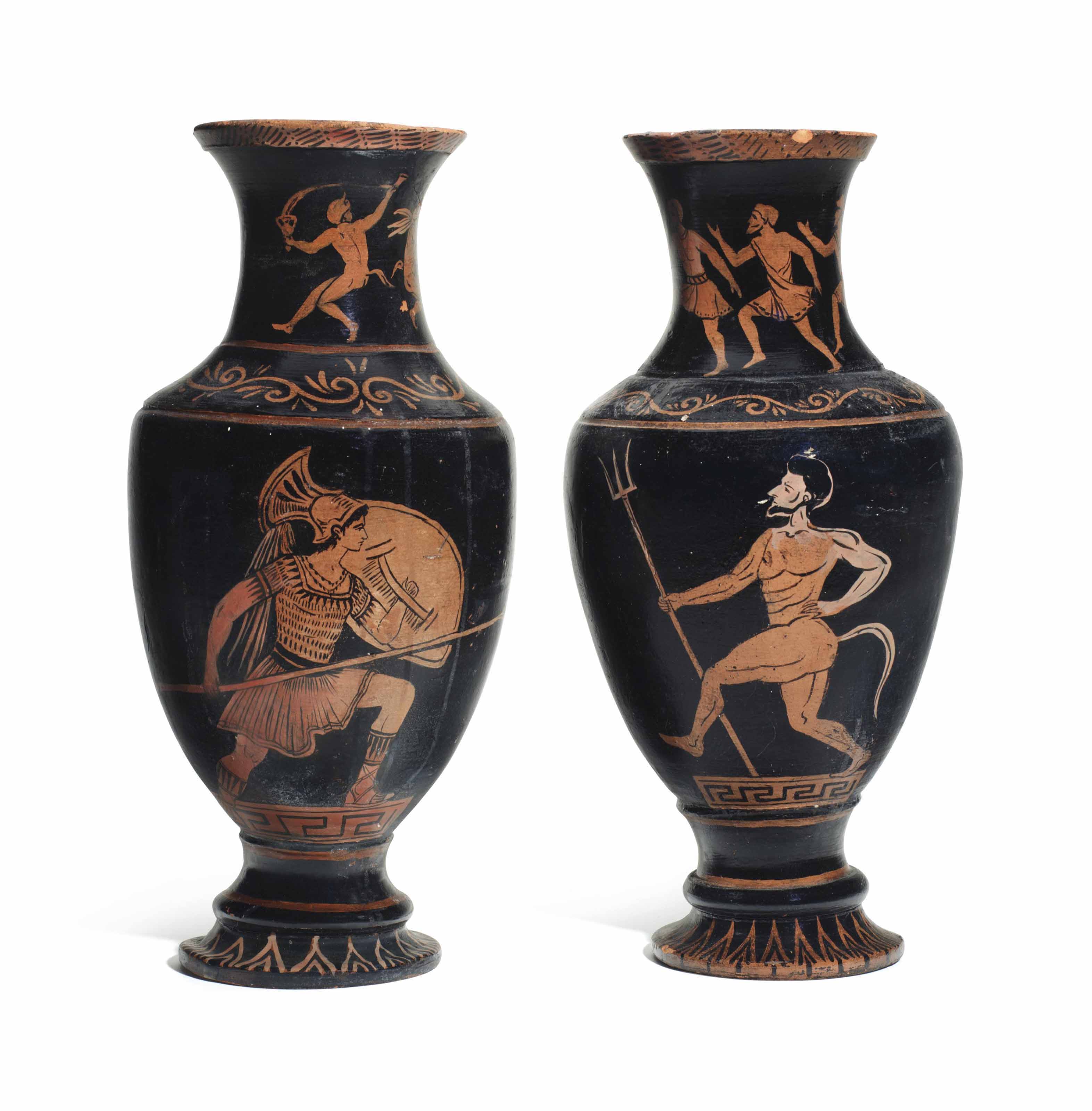 A Pair Of Italian Terracotta Red Figure Black Ground Vases 20th