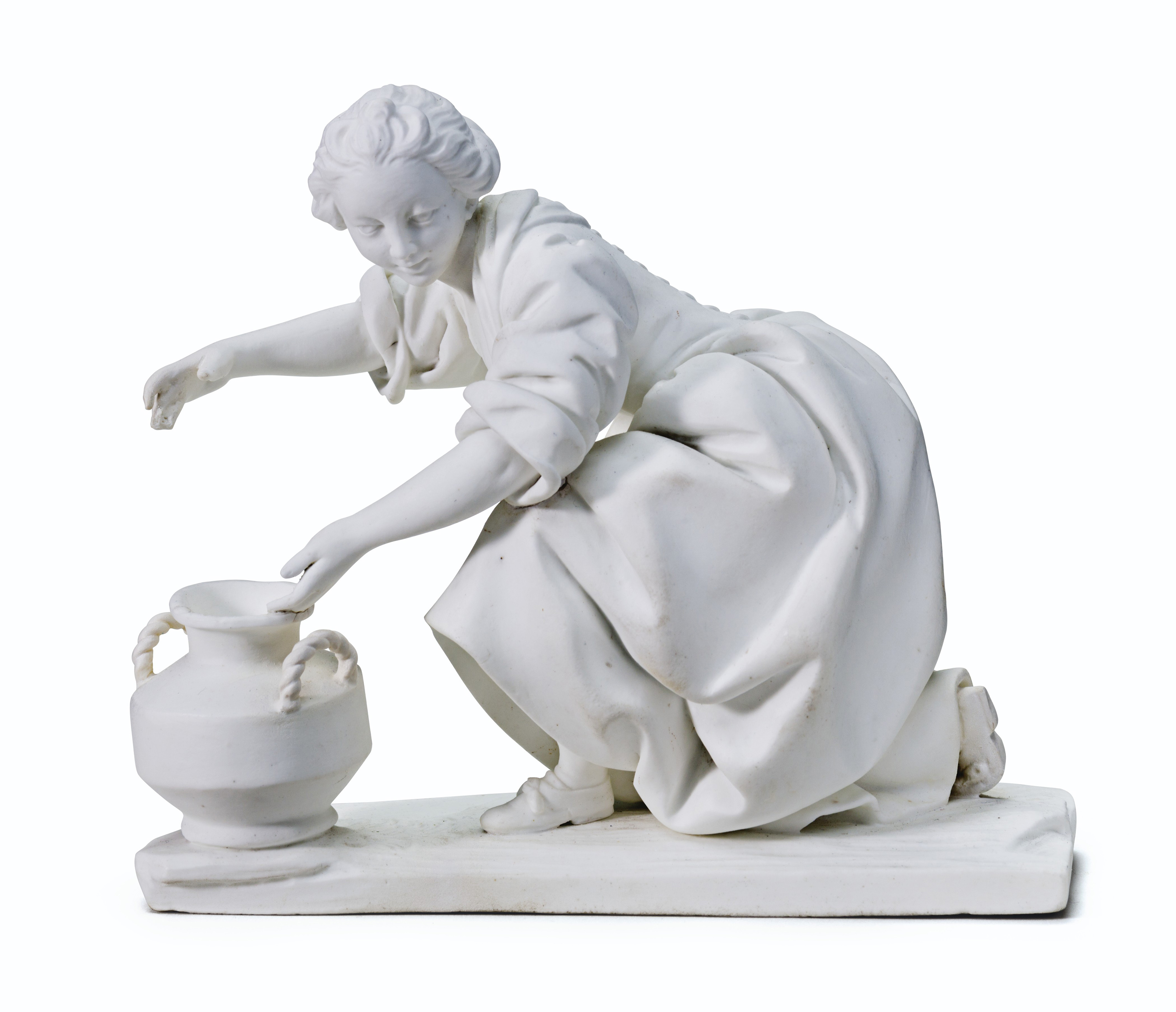 A SEVRES BISCUIT PORCELAIN FIGURE OF A WOMAN KNEELING BEFORE A JAR
