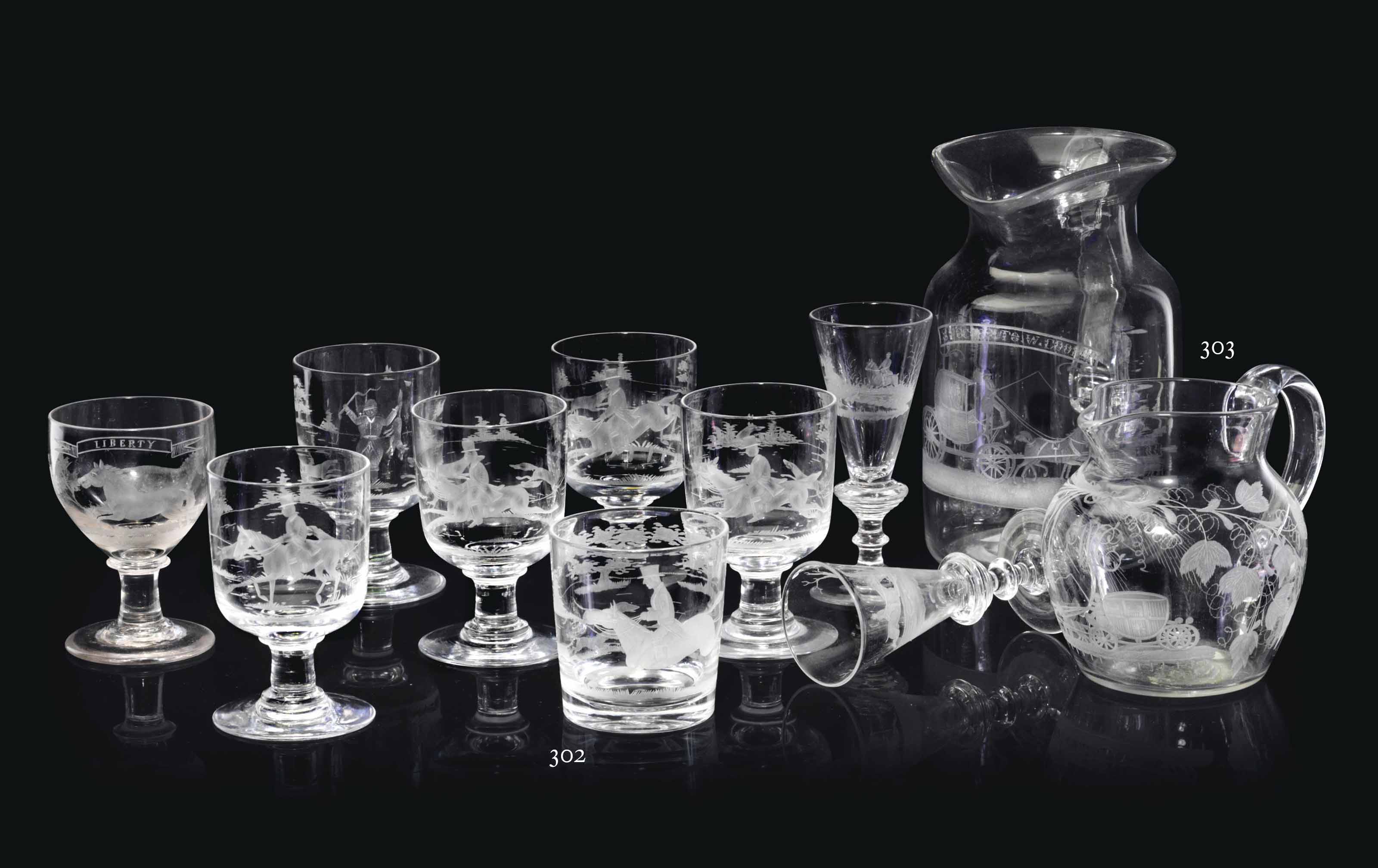 EIGHT ENGLISH GLASS DRINKING WARES ENGRAVED WITH FOX HUNTING SCENES