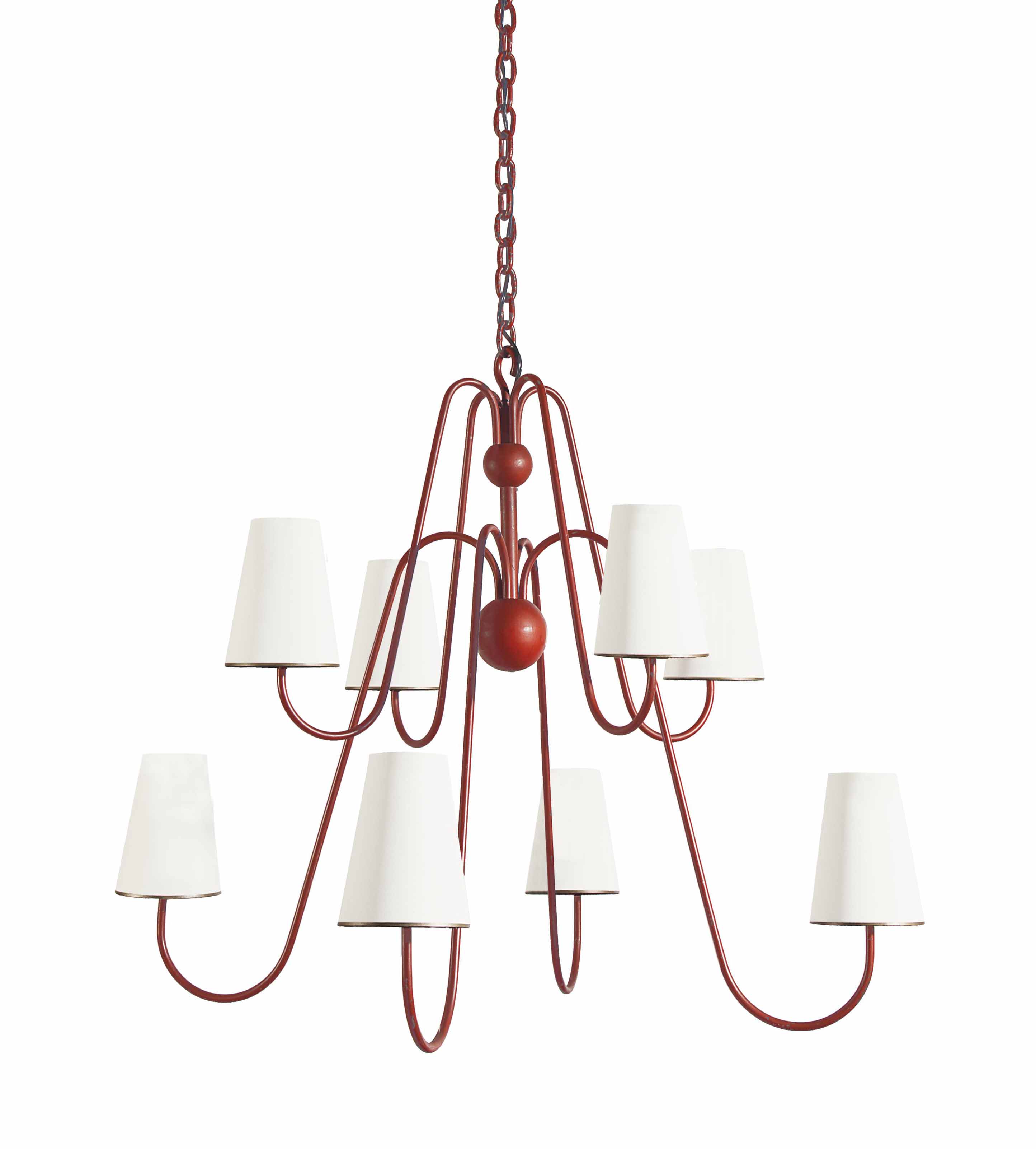 Jean Royere 1902 1981 Chandelier 6 lights, globe gold plated metal frame decorated with gold plated metal leaves & shiny white porcelain roses. jean royere 1902 1981