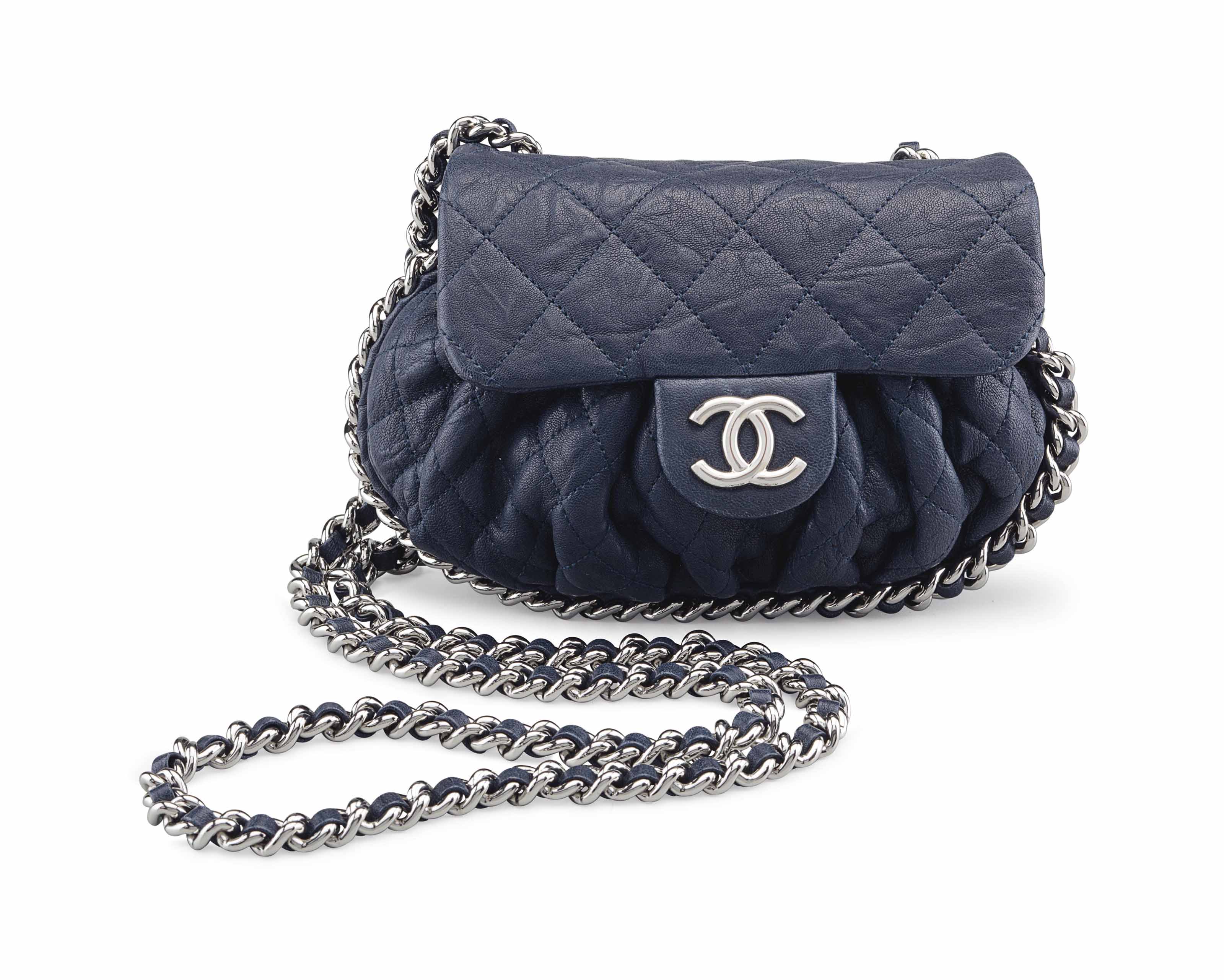A NAVY AGED LAMBSKIN LEATHER CHAIN AROUND MINI MESSENGER BAG WITH