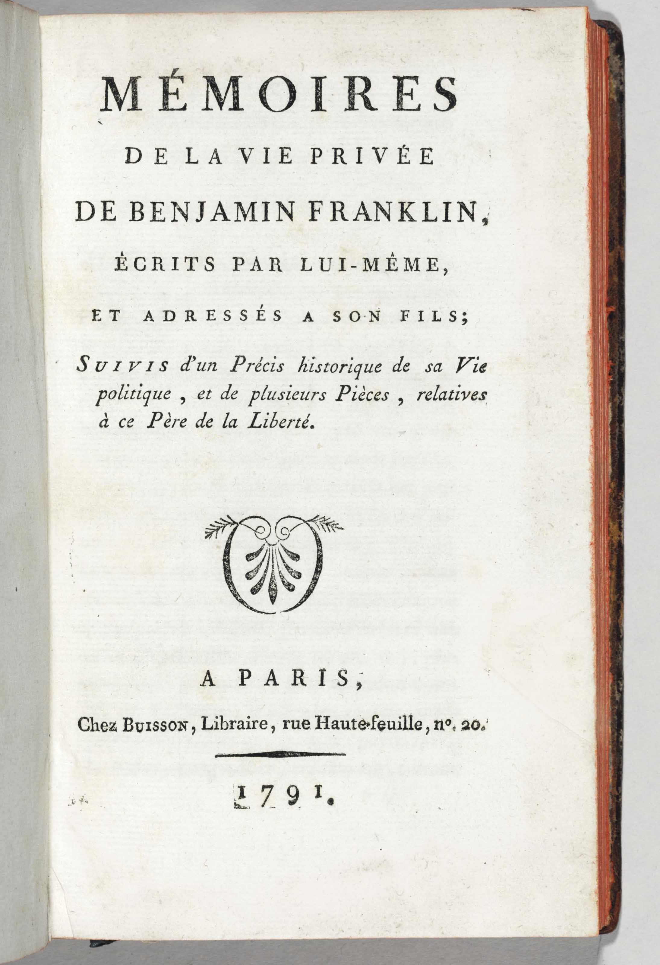FRANKLIN, BENJAMIN. Vie de Benjamin auctions & price archive