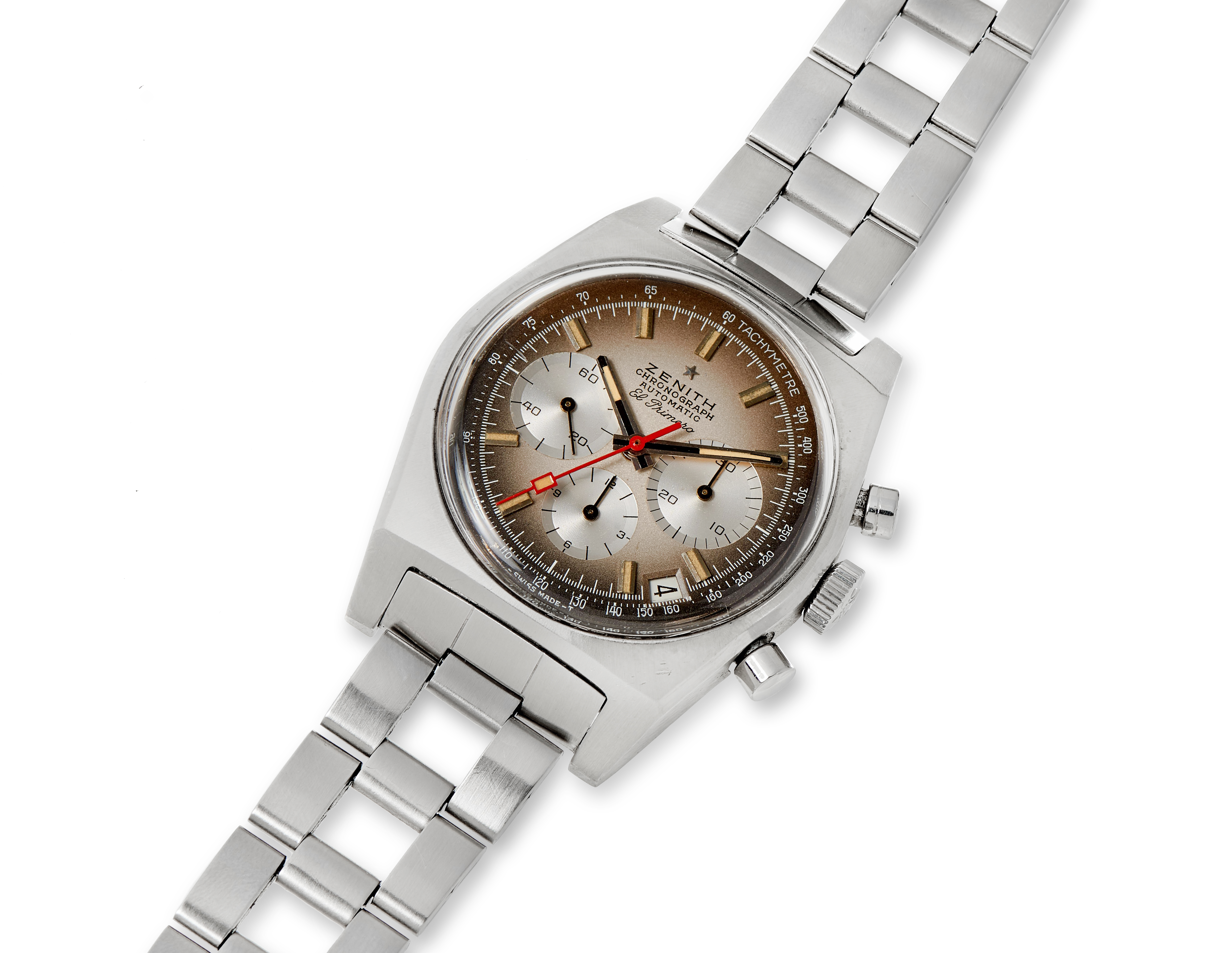 Zenith A385, Khaki Smoked Gradient Dial. Exact documented source specimen; condition and originality assessments remain attributed to Christie's. · Photo: Christie's · © Christie's, used with permission · Source: https://onlineonly.christies.com/s/christies-watches-online-time-spring/el-primero-ref-a385-43/26427